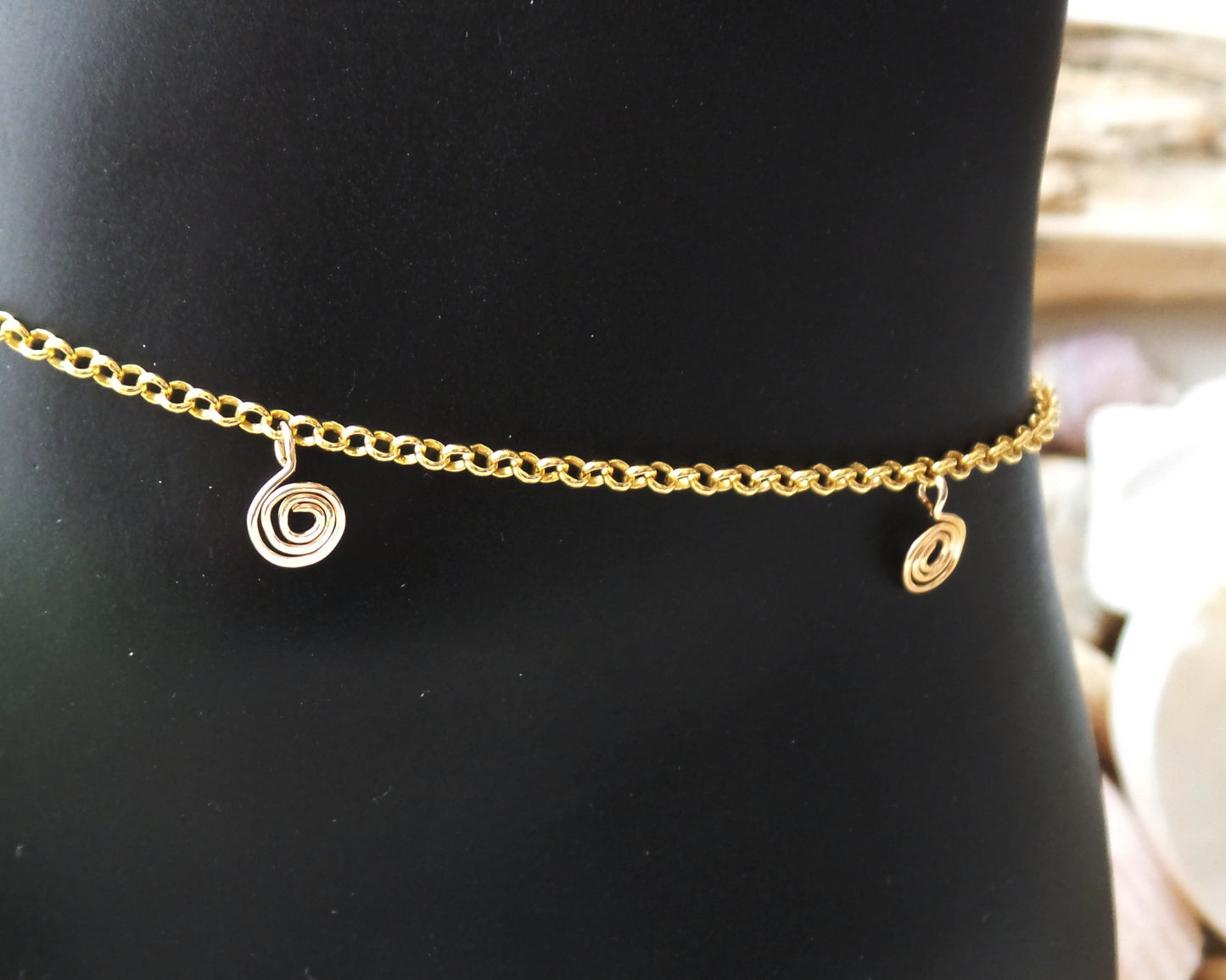 Golden Celtic Eternity Coil Ankle Bracelet, 14k Gold Filled, Sterling Silver Vermeil, Celtic Eternity Coils dangling on a rolo style chain. 