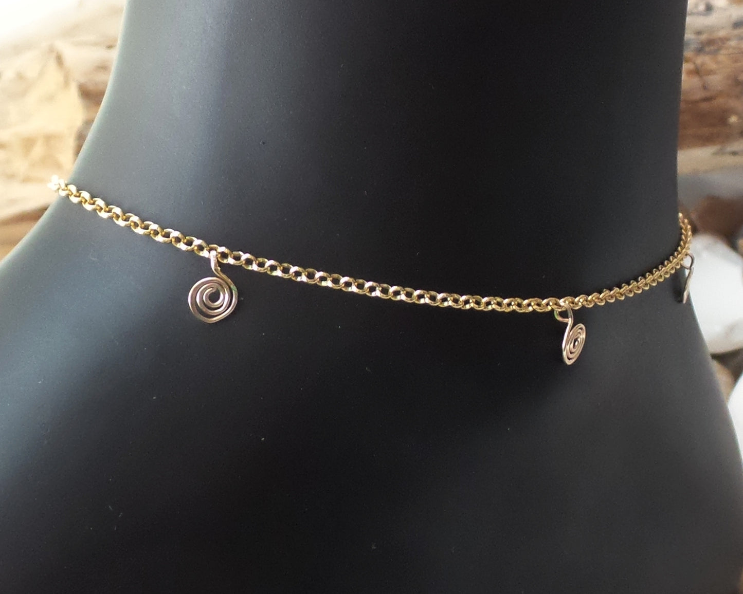 Golden Celtic Eternity Coil Ankle Bracelet, 14k Gold Filled, Sterling Silver Vermeil, Celtic Eternity Coils dangling on a rolo style chain. 