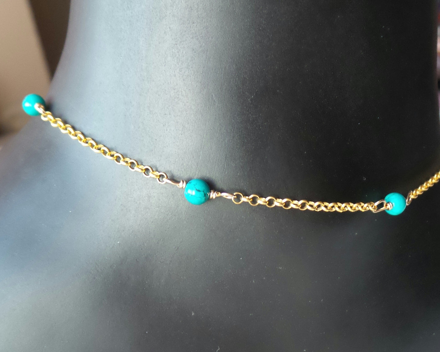 Golden Turquoise Ankle Bracelet, Gold Filled Sterling Silver Turquoise Gemstone 