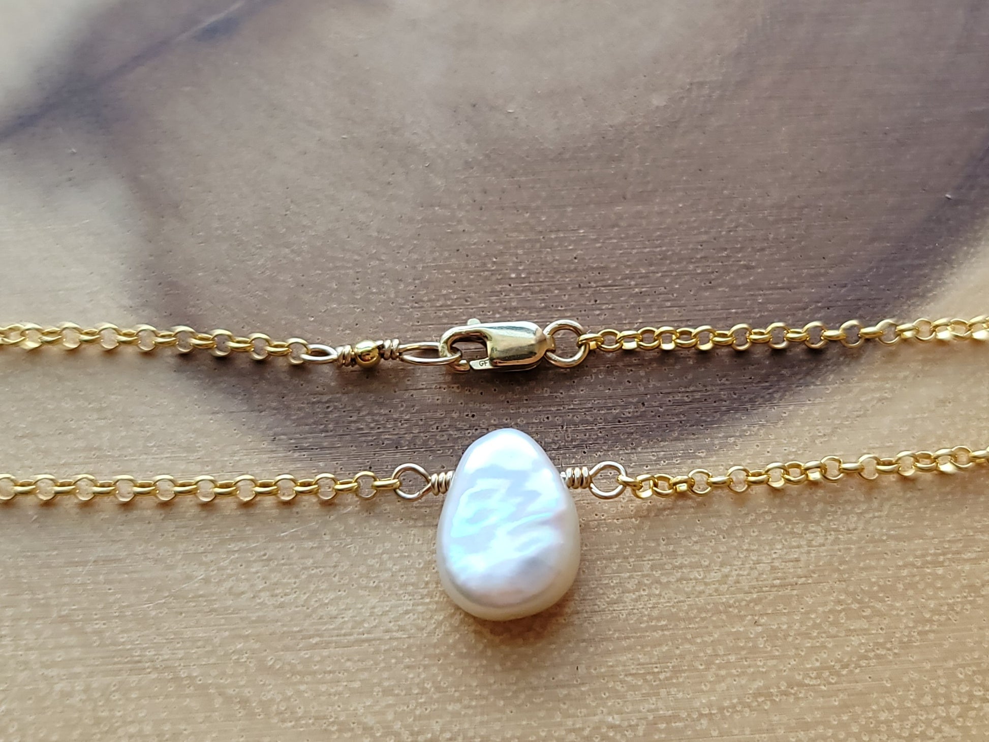 Baroque Pearl Drop Golden Ankle Bracelet, Anklet, Vermeil Gold Filled, Large Genuine Freshwater Cultured Pearl 