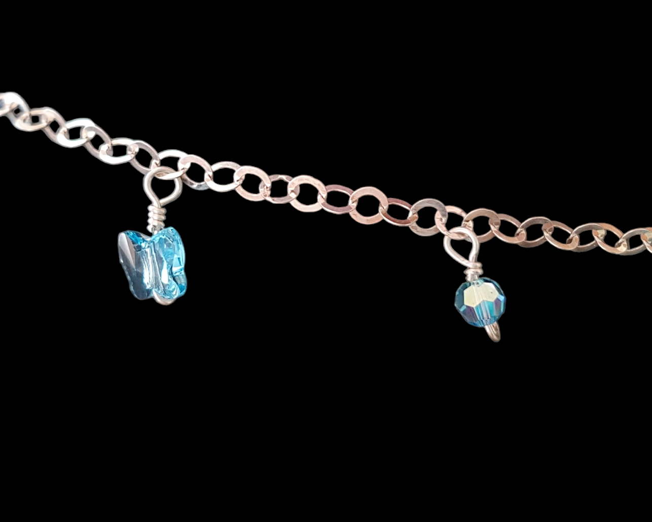 Blue Crystal Butterfly Anklet-Ankle Bracelet with little Crystal Butterflies and beads dangling on  Sterling Silver Chain.