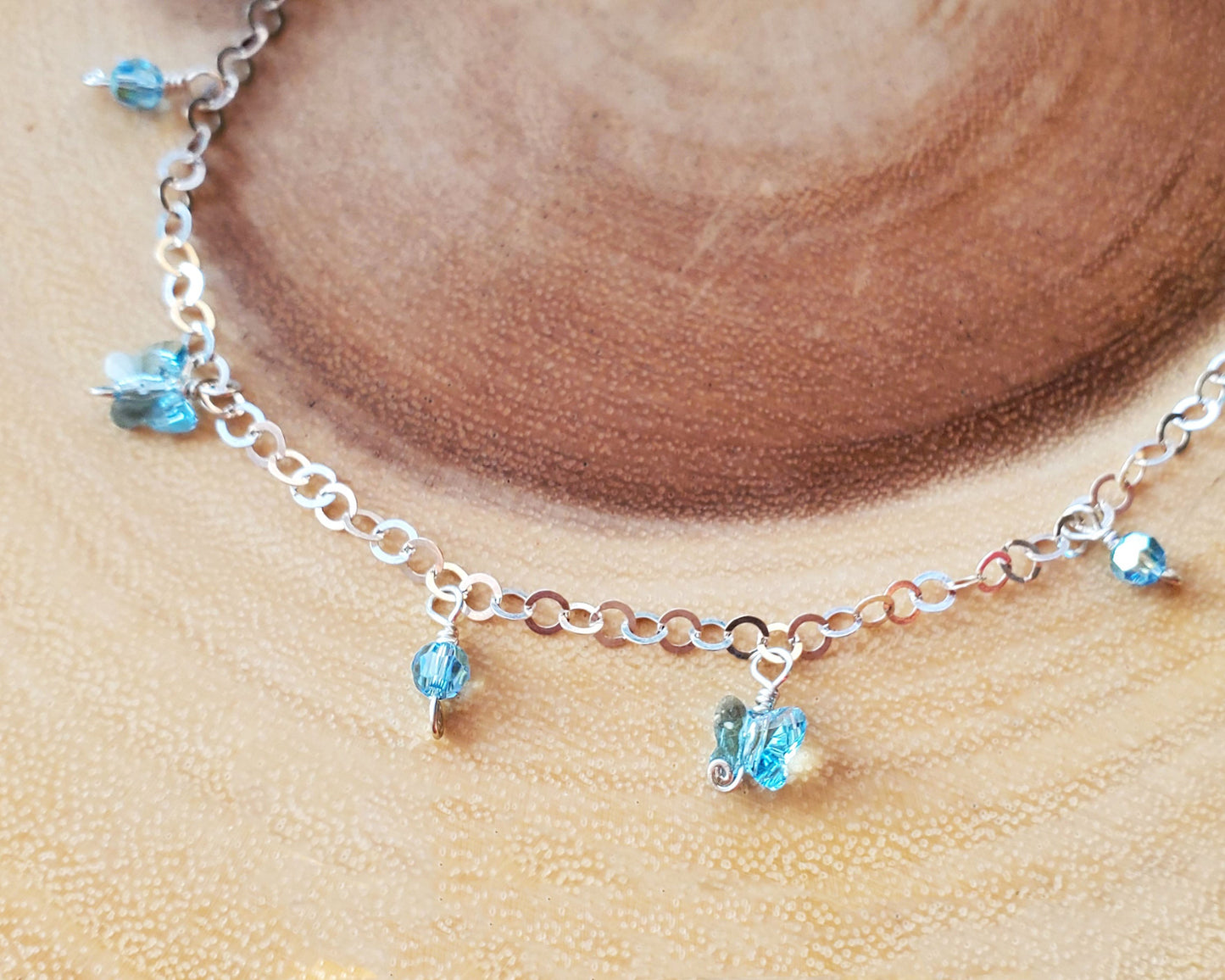 Blue Crystal Butterfly Anklet-Ankle Bracelet with little Crystal Butterflies and beads dangling on  Sterling Silver Chain.