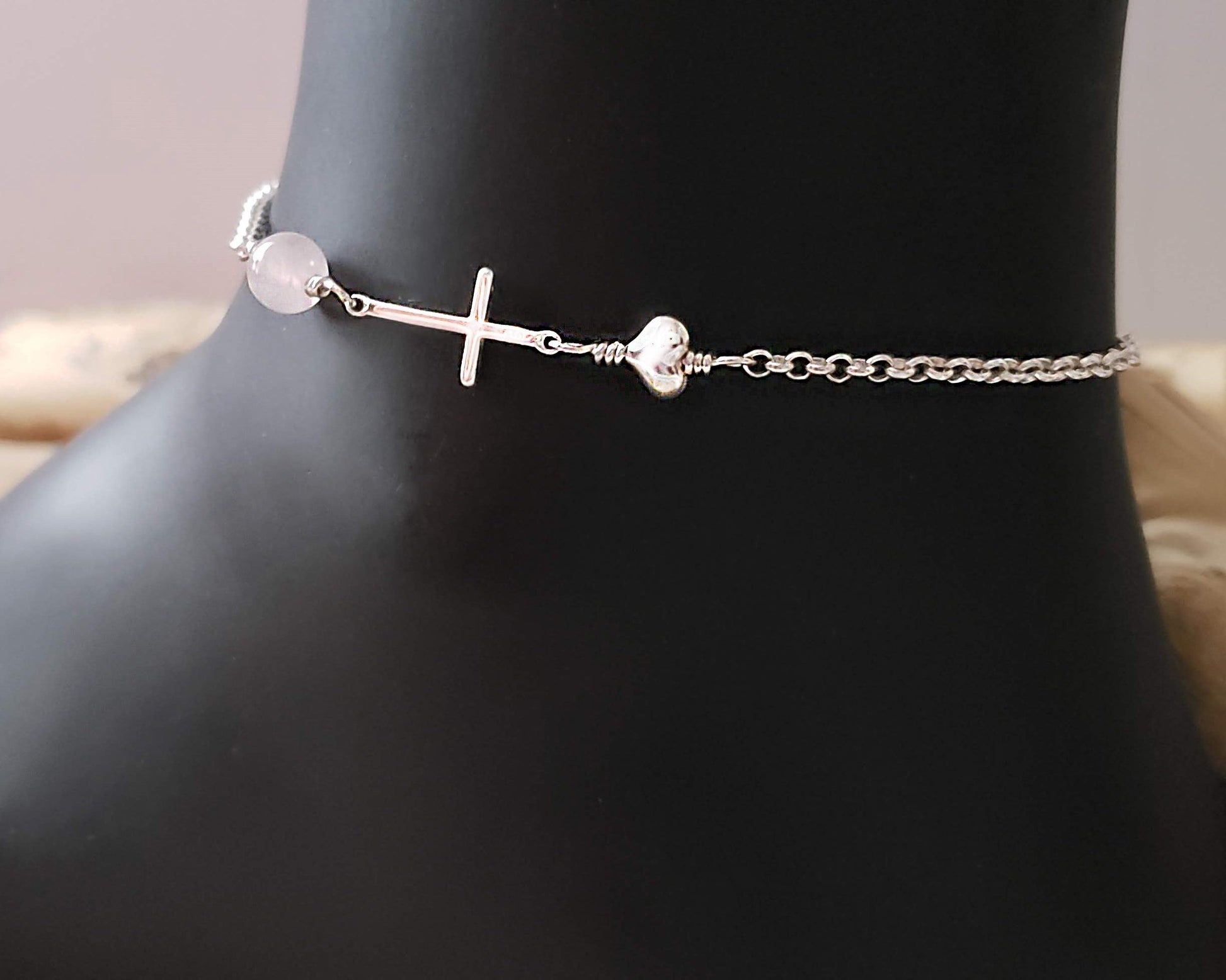 Sideways Cross, Heart, Birthstone Anklet-Ankle Bracelet-Pearl-Gemstone-Sterling Silver