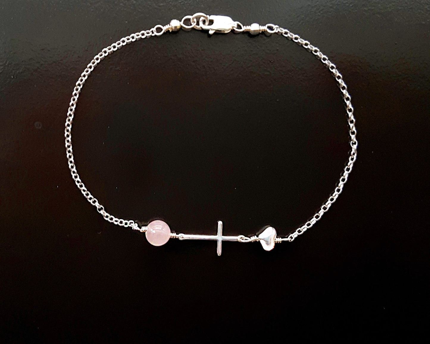 Sideways Cross, Heart, Birthstone Anklet-Ankle Bracelet-Pearl-Gemstone-Sterling Silver