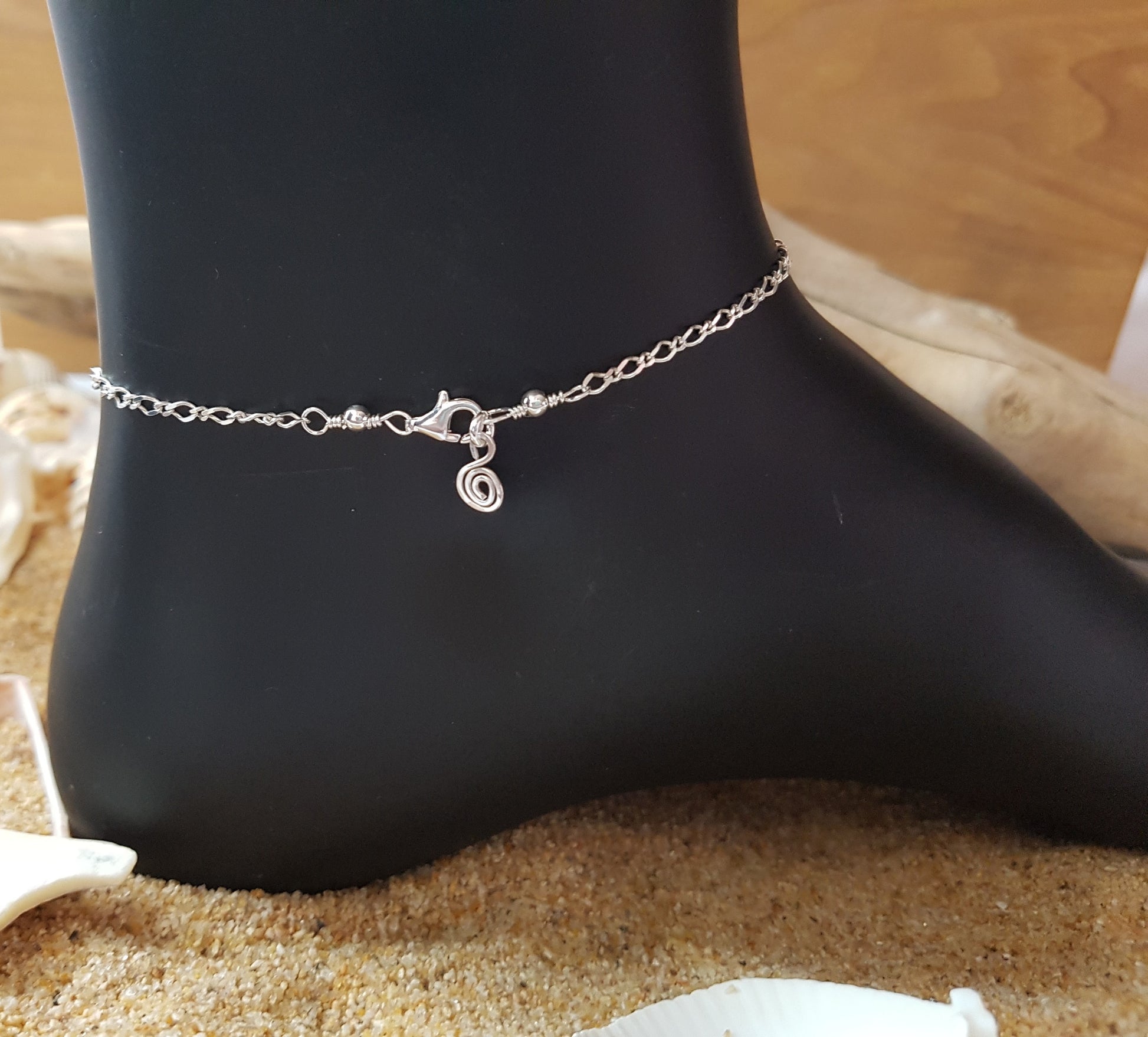 Blue Beach Glass, Sea Shell, Infinity, Initial Ankle Bracelet-Anklet-Sterling Silver, Lake Ontario Glass