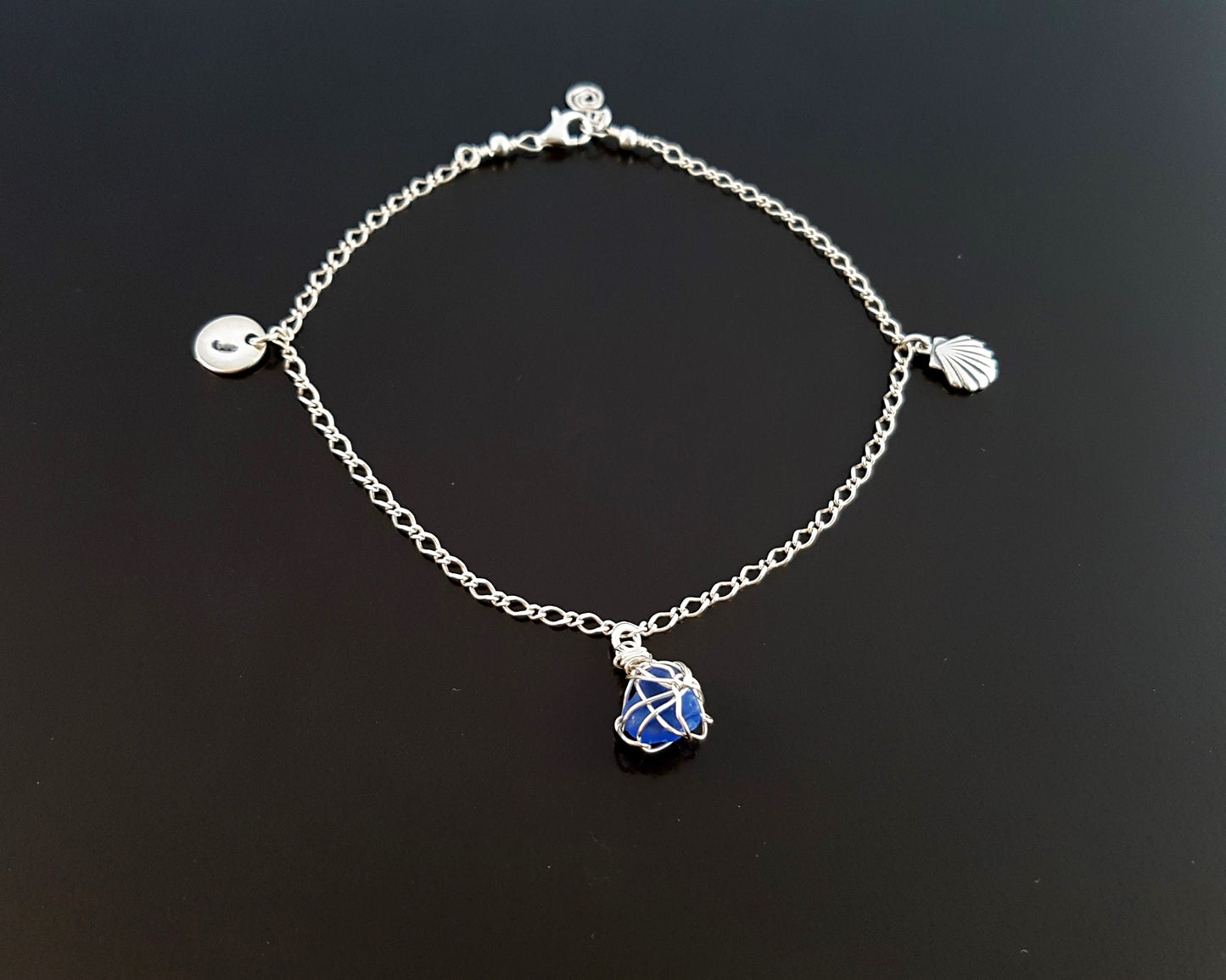 Blue Beach Glass, Sea Shell, Infinity, Initial Ankle Bracelet-Anklet-Sterling Silver, Lake Ontario Glass