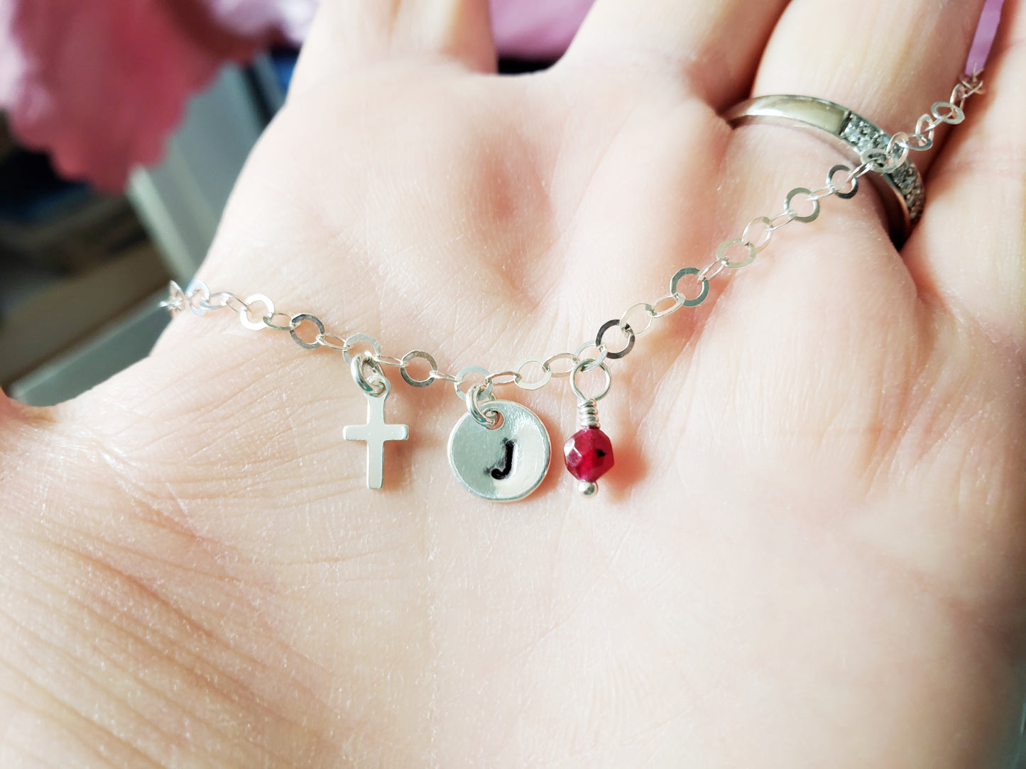 Personalized Cross, Eternity, Birthstone, Initial Anklet-Ankle Bracelet with a Small Cross, Initial pendant on Hand