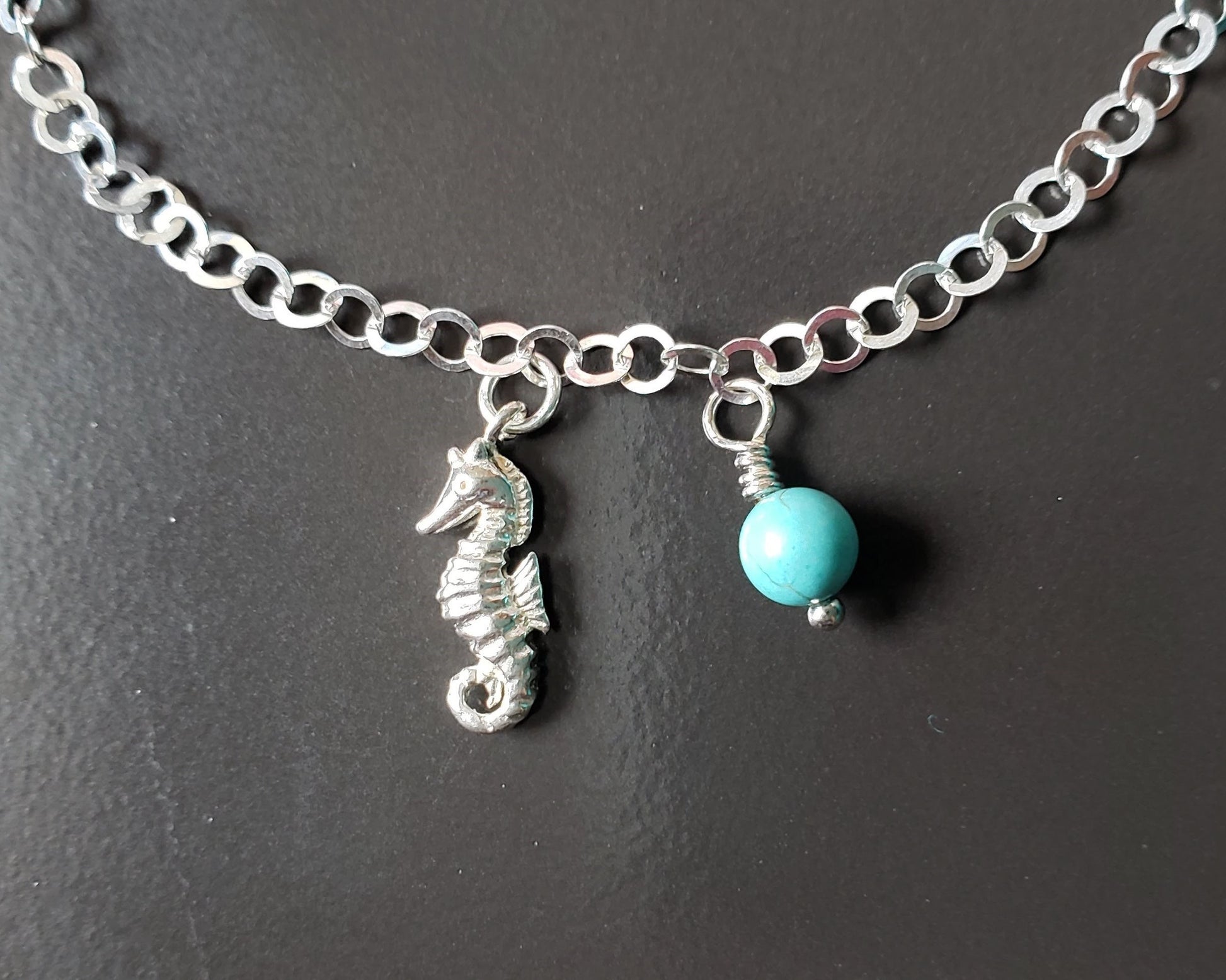 Personalized Seahorse anklet /ankle bracelet, 925 Sterling Silver, Birthstone Dangle, on Sparkly chain, Turquoise Birthstone