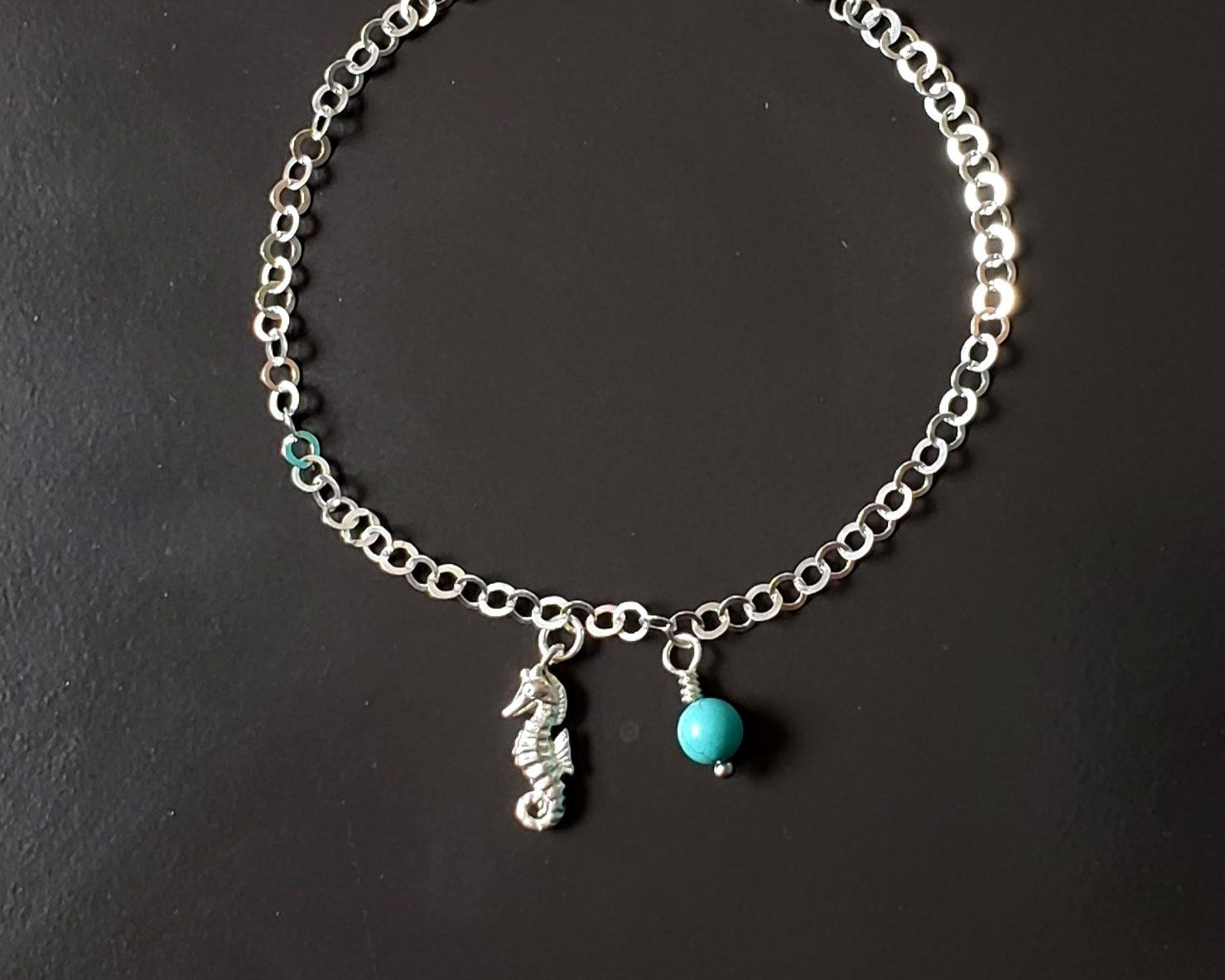 Personalized Seahorse anklet /ankle bracelet, 925 Sterling Silver, Birthstone Dangle, on Sparkly chain, Turquoise Birthstone