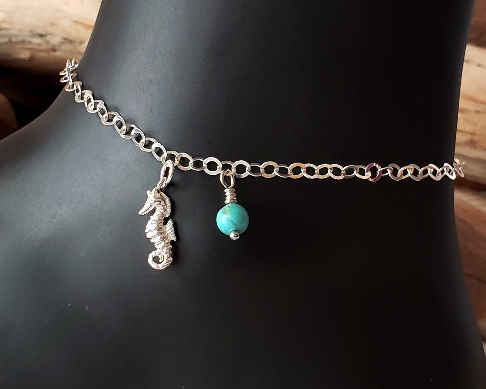 Personalized Seahorse anklet /ankle bracelet, 925 Sterling Silver, Birthstone Dangle, Celtic Eternity Coil pendant on Sparkly chain, Turquoise Birthstone