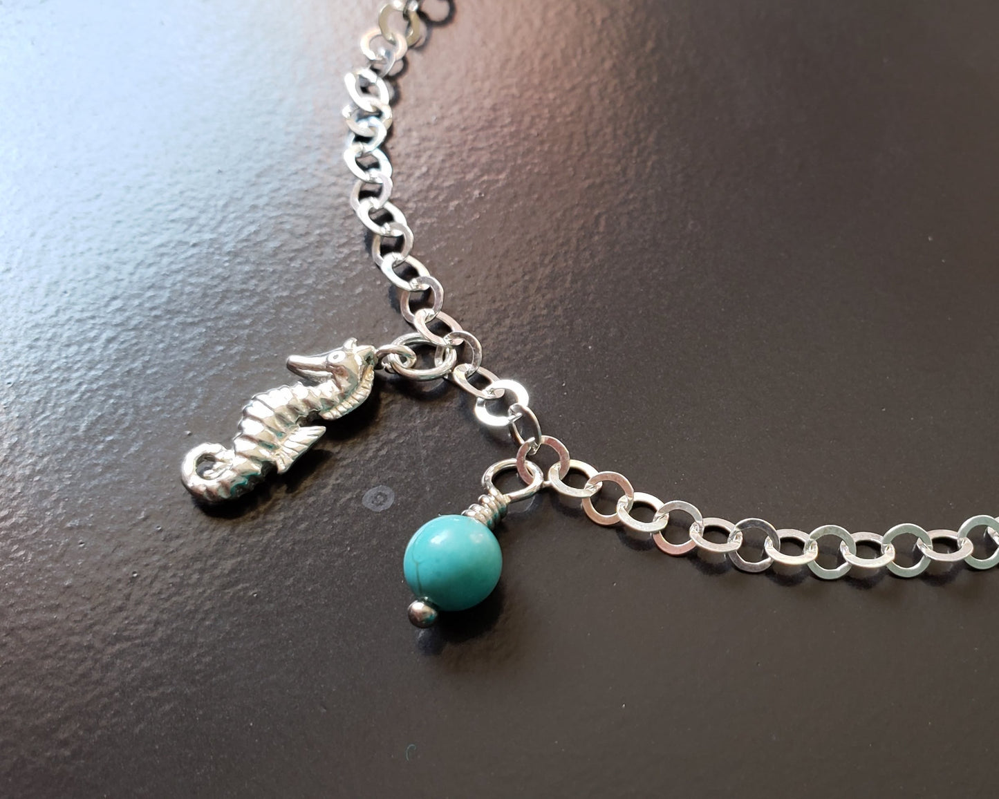 Personalized Seahorse anklet /ankle bracelet, 925 Sterling Silver, Birthstone Dangle, on Sparkly chain, Turquoise Birthstone