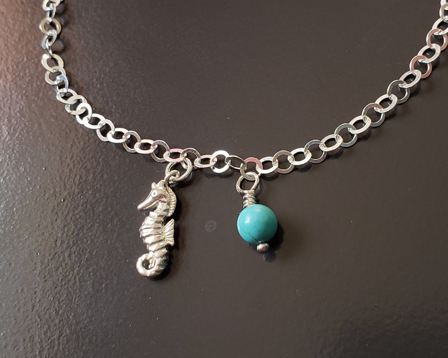 Personalized Seahorse anklet /ankle bracelet, 925 Sterling Silver, Birthstone Dangle, on Sparkly chain, Turquoise Birthstone