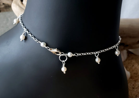 Deluxe Genuine Pearl Dangle Anklet-Ankle Bracelet-Sterling Silver-Freshwater Pearls on Diamond Cut Chain