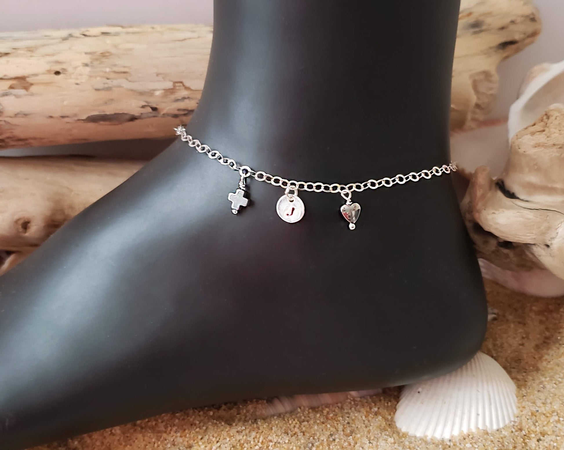 Be Positive Personalized Anklet-Ankle Bracelet, Initial Pendant, Heart, Cross, Positive Symbol, Sterling Silver