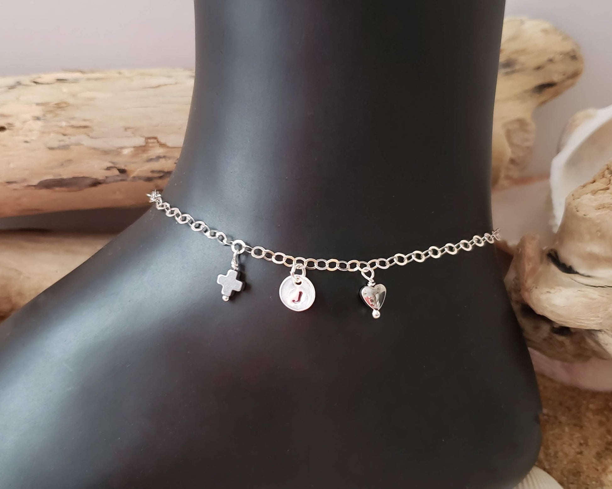 Be Positive Personalized Anklet-Ankle Bracelet, Initial Pendant, Heart, Cross, Positive Symbol, Sterling Silver
