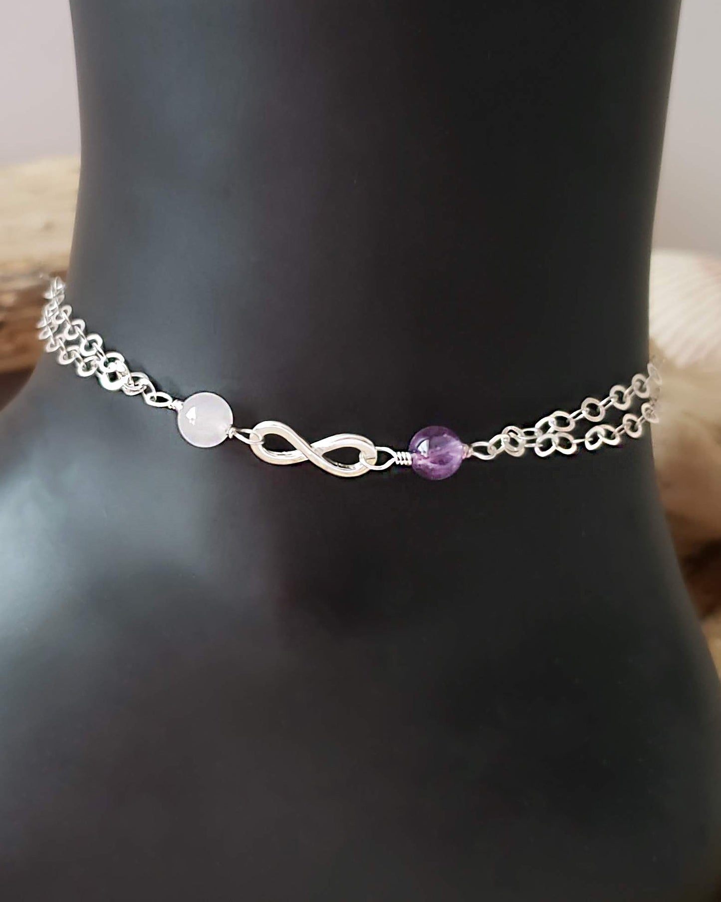 Eternal Friendship, Infinity, Birthstone Anklet-Ankle Bracelet-Personalized-Two Birthstones, Infinity Pendant, Two strands of Chain