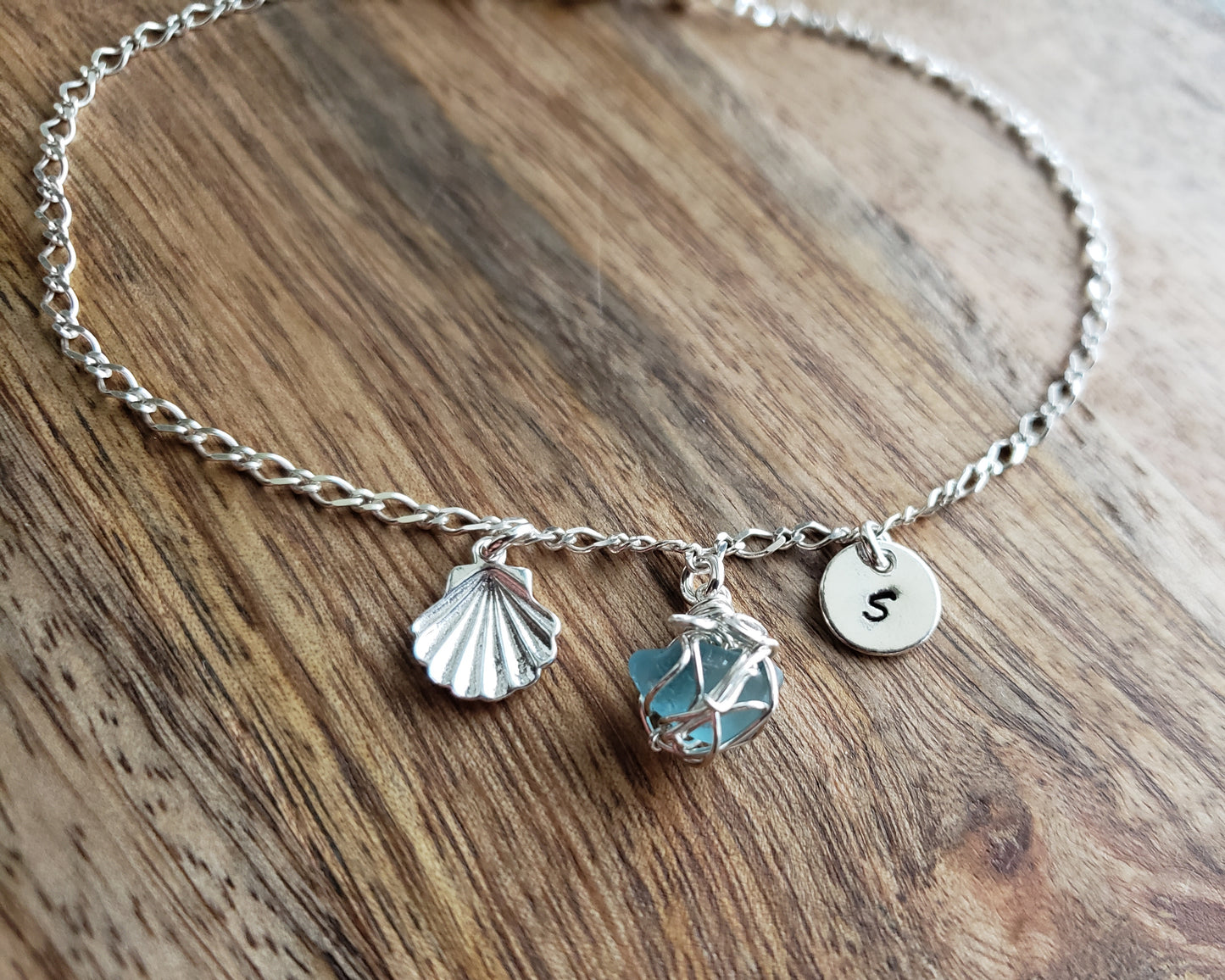 Deluxe Personalized Aqua Blue Beach Glass, Sea Shell, Infinity, Initial Ankle Bracelet-Anklet