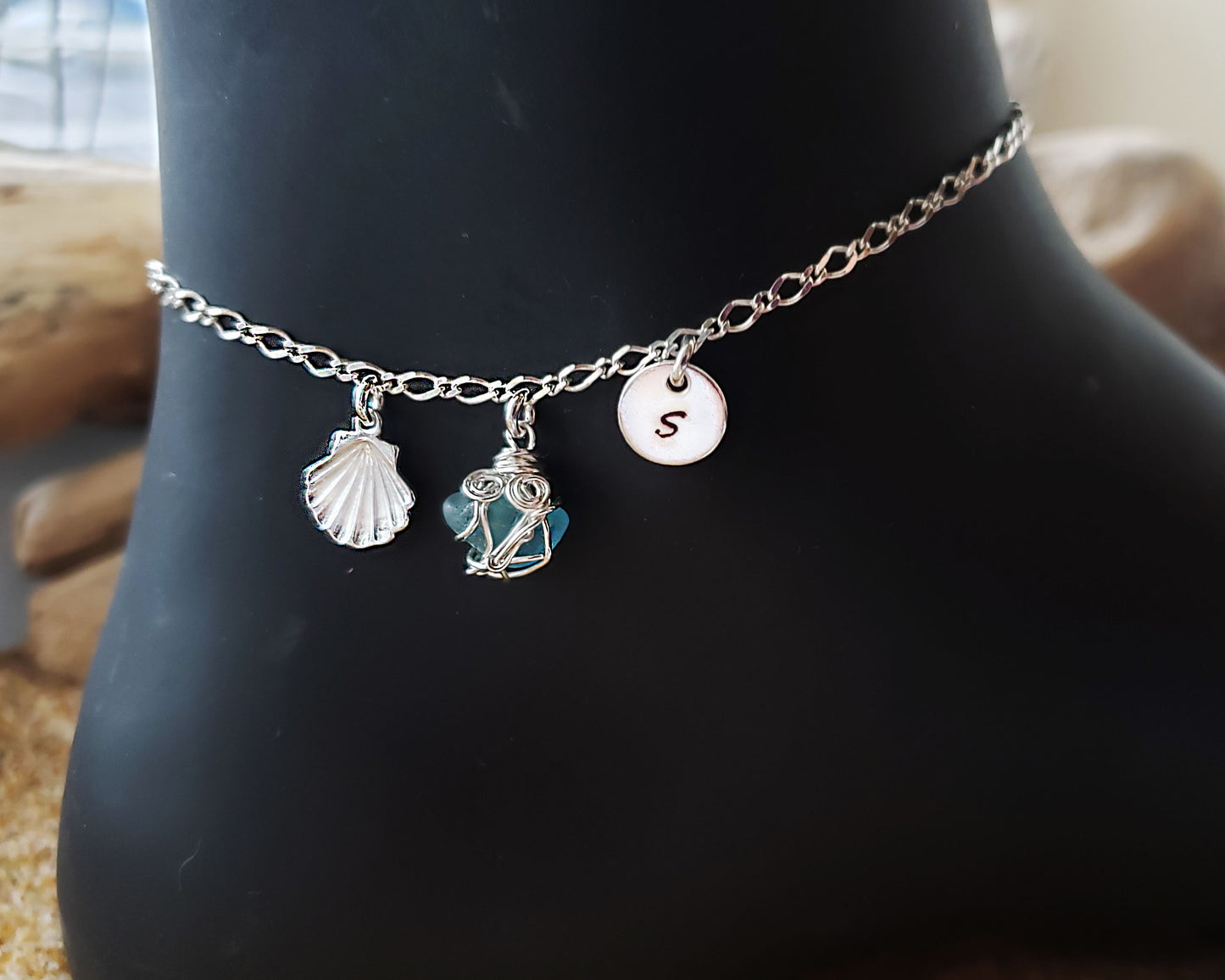 Deluxe Personalized Aqua Blue Beach Glass, Sea Shell, Infinity, Initial Ankle Bracelet-Anklet