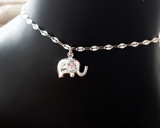 Puffy Elephant Anklet-Ankle Bracelet-Handmade-Sterling Silver-Elephant on Decorative Silver Chain