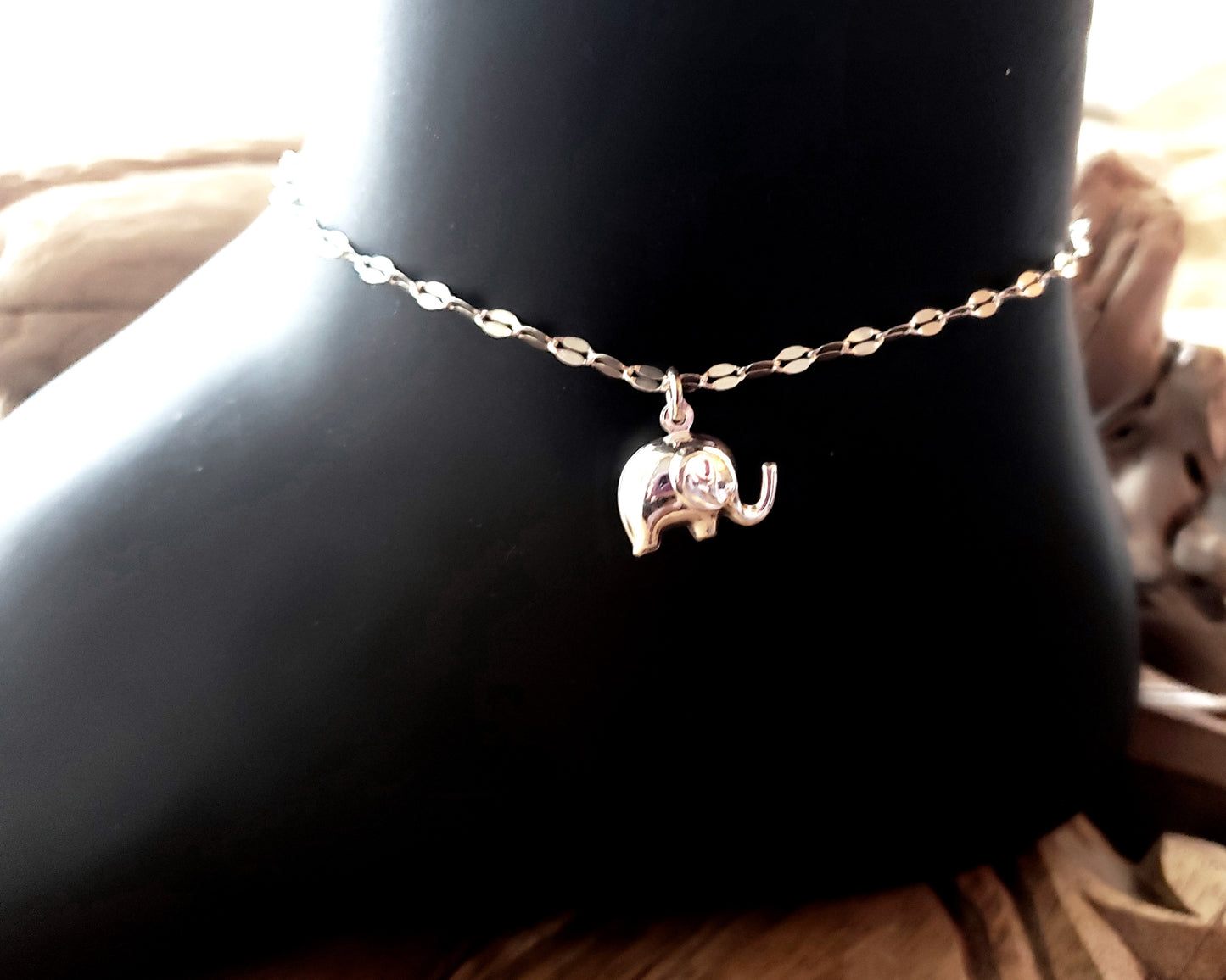Puffy Elephant Anklet-Ankle Bracelet-Handmade-Sterling Silver-Elephant on Decorative Silver Chain