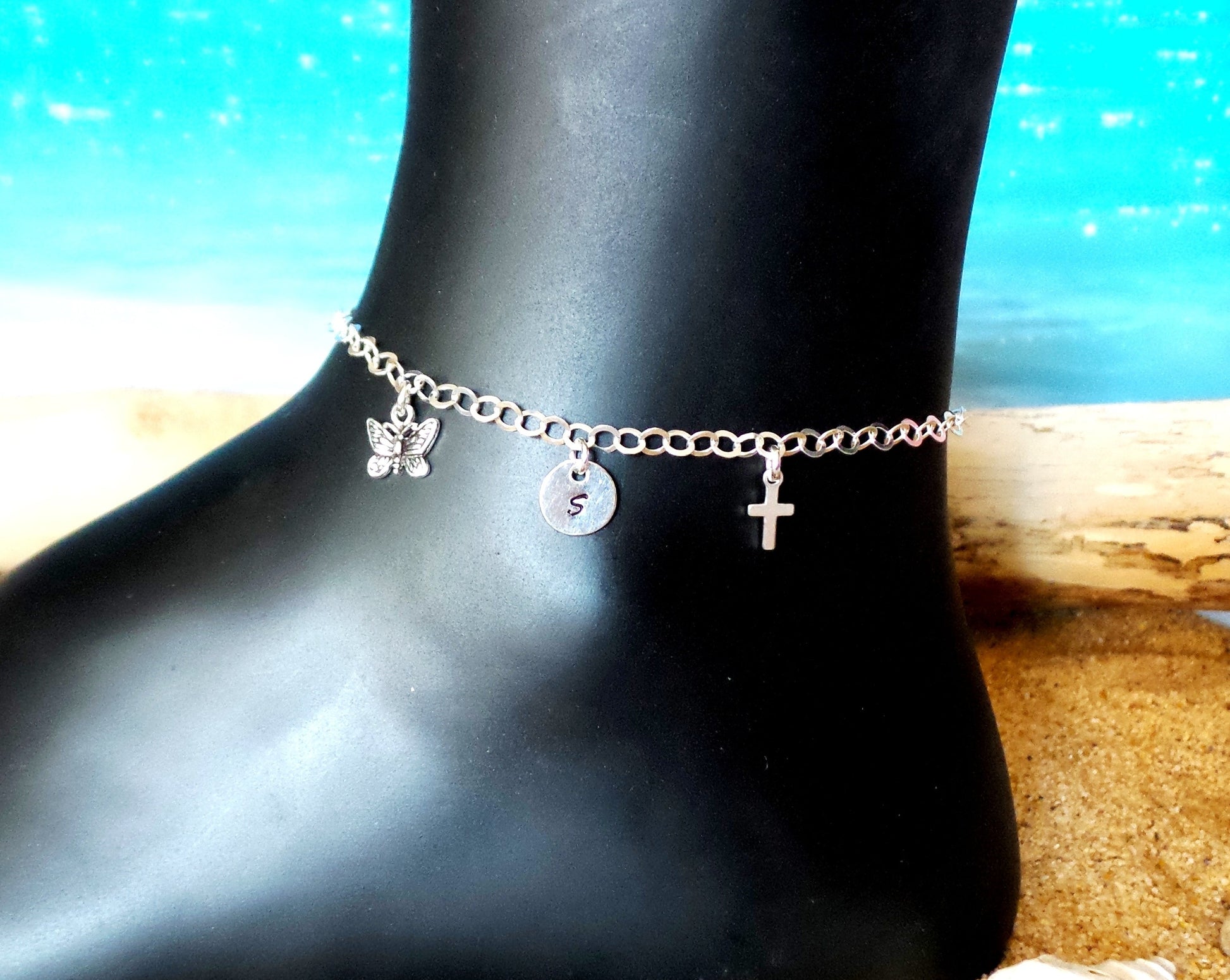 Personalized Butterfly, Cross, Initial Anklet, Ankle Bracelet made with Sterling Silver, Butterfly and Cross Pendants, Hand stamped Initial pendant on Chain. 