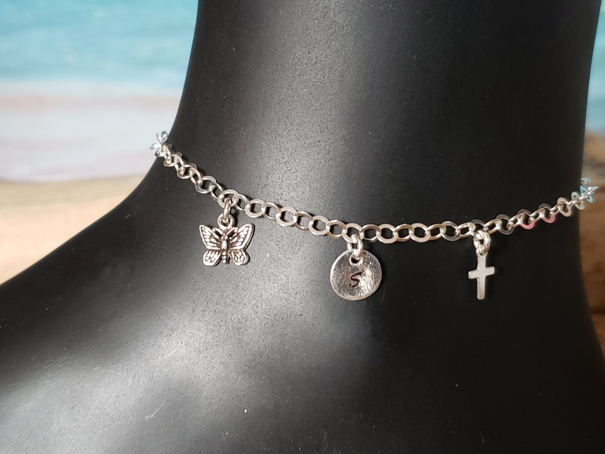Personalized Butterfly, Cross, Initial Anklet, Ankle Bracelet made with Sterling Silver, Butterfly and Cross Pendants, Hand stamped Initial pendant on Chain. 