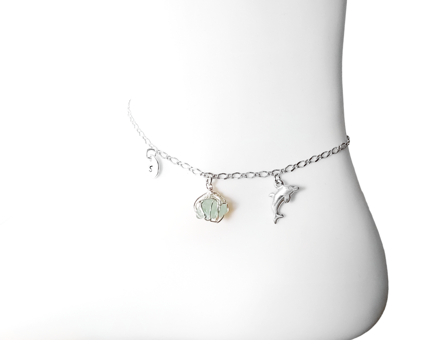 Deluxe Personalized Dolphin Aqua Blue Beach Glass, Infinity Initial Ankle Bracelet-Anklet , OOAK Sterling Silver 