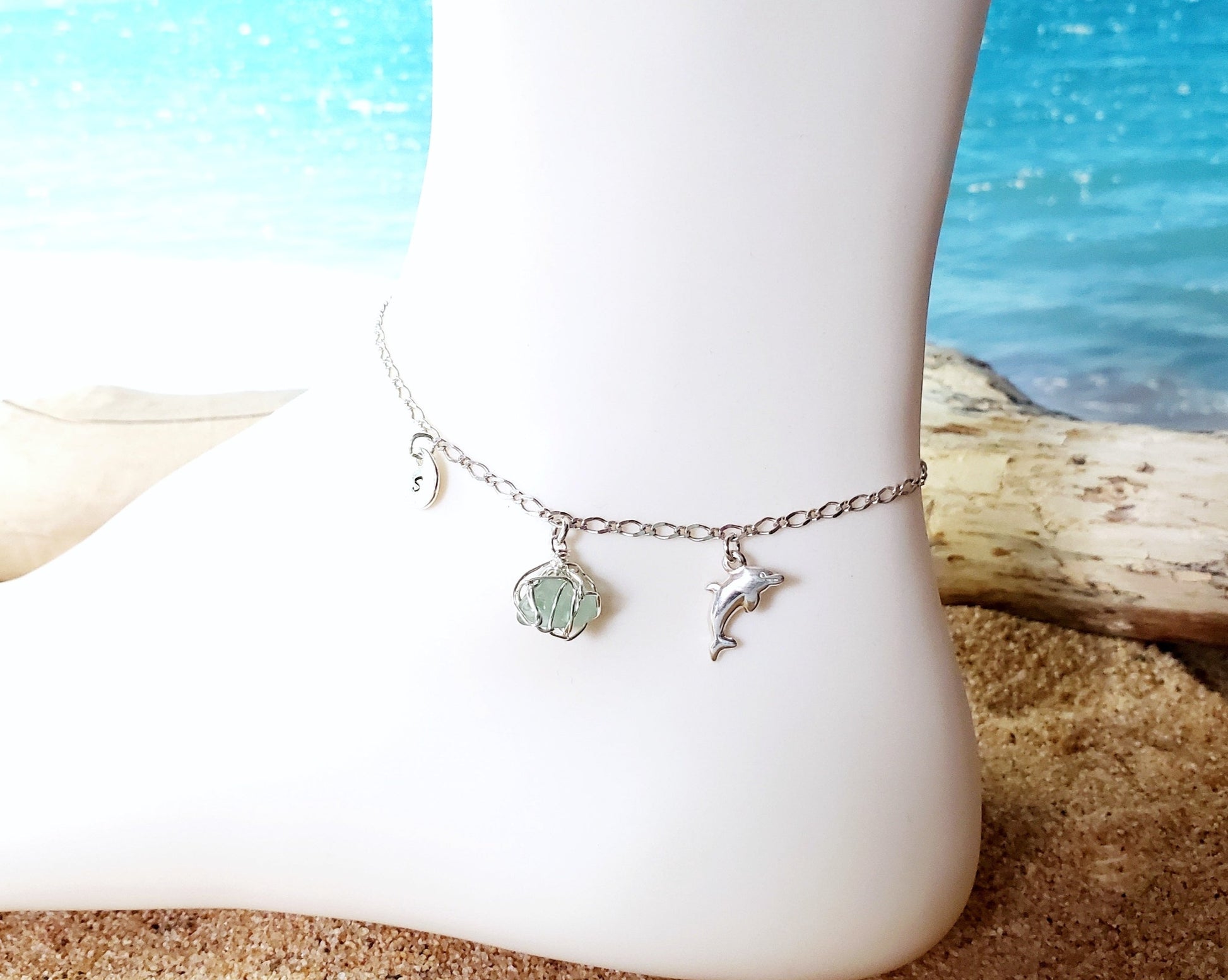 Deluxe Personalized Dolphin Aqua Blue Beach Glass, Infinity Initial Ankle Bracelet-Anklet , OOAK Sterling Silver 
