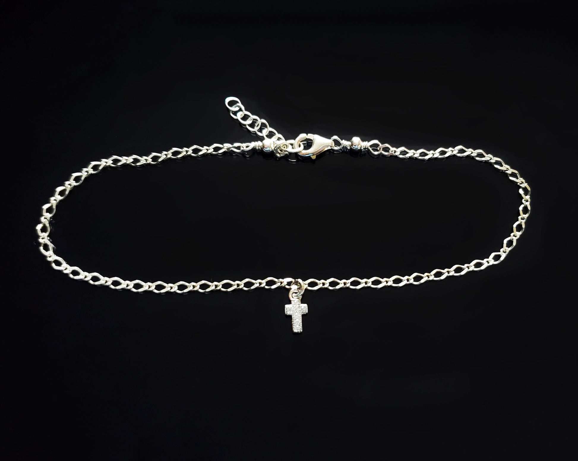 Cubic Zirconia Cross Ankle Bracelet / Anklet Handmade with Solid Sterling Silver, Minimalist Style Christian Anklet 