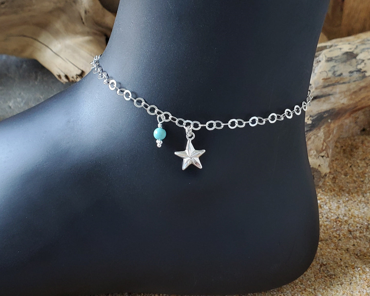 Personalized Star Birthstone Ankle Bracelet / Anklet, Handmade with solid Sterling Silver and Gemstone Birthstones
