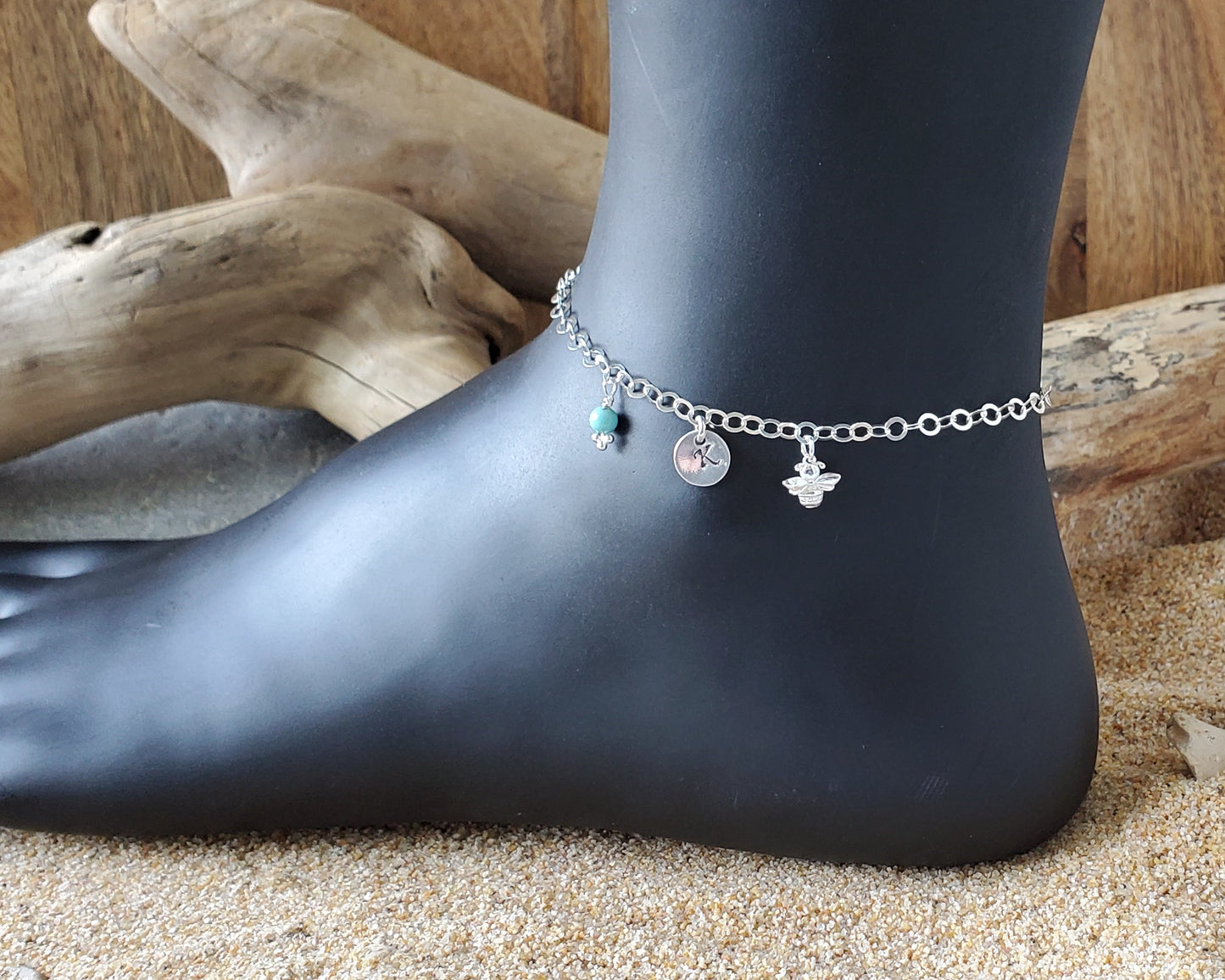Deluxe Personalized Bee Initial Birthstone Anklet, Ankle Bracelet, Bee Bracelet