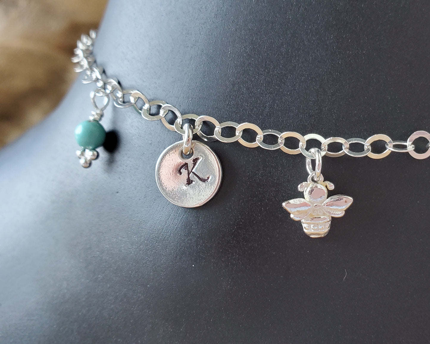 Deluxe Personalized Bee Initial Birthstone Anklet, Ankle Bracelet, Bee Bracelet