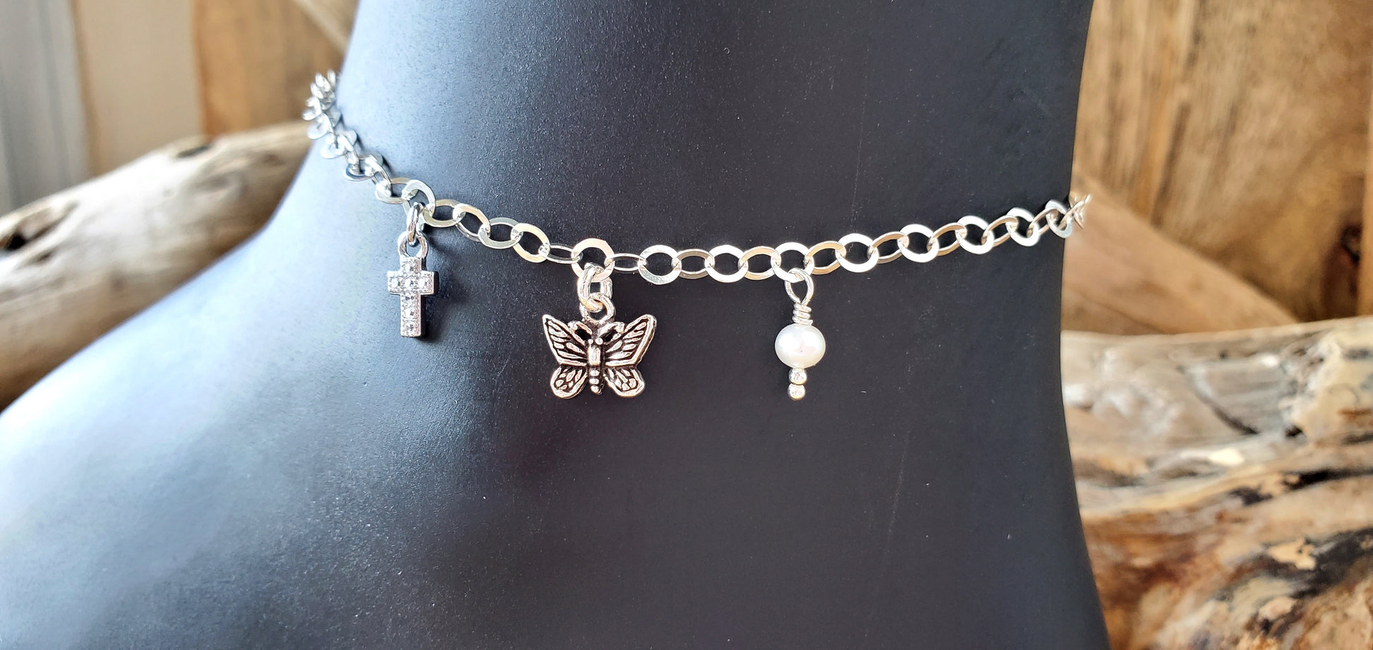Personalized Cross Butterfly Anklet, Ankle Bracelet, Butterfly Bracelet, Cross Bracelet  Birthstone Bracelet, Christian Anklet