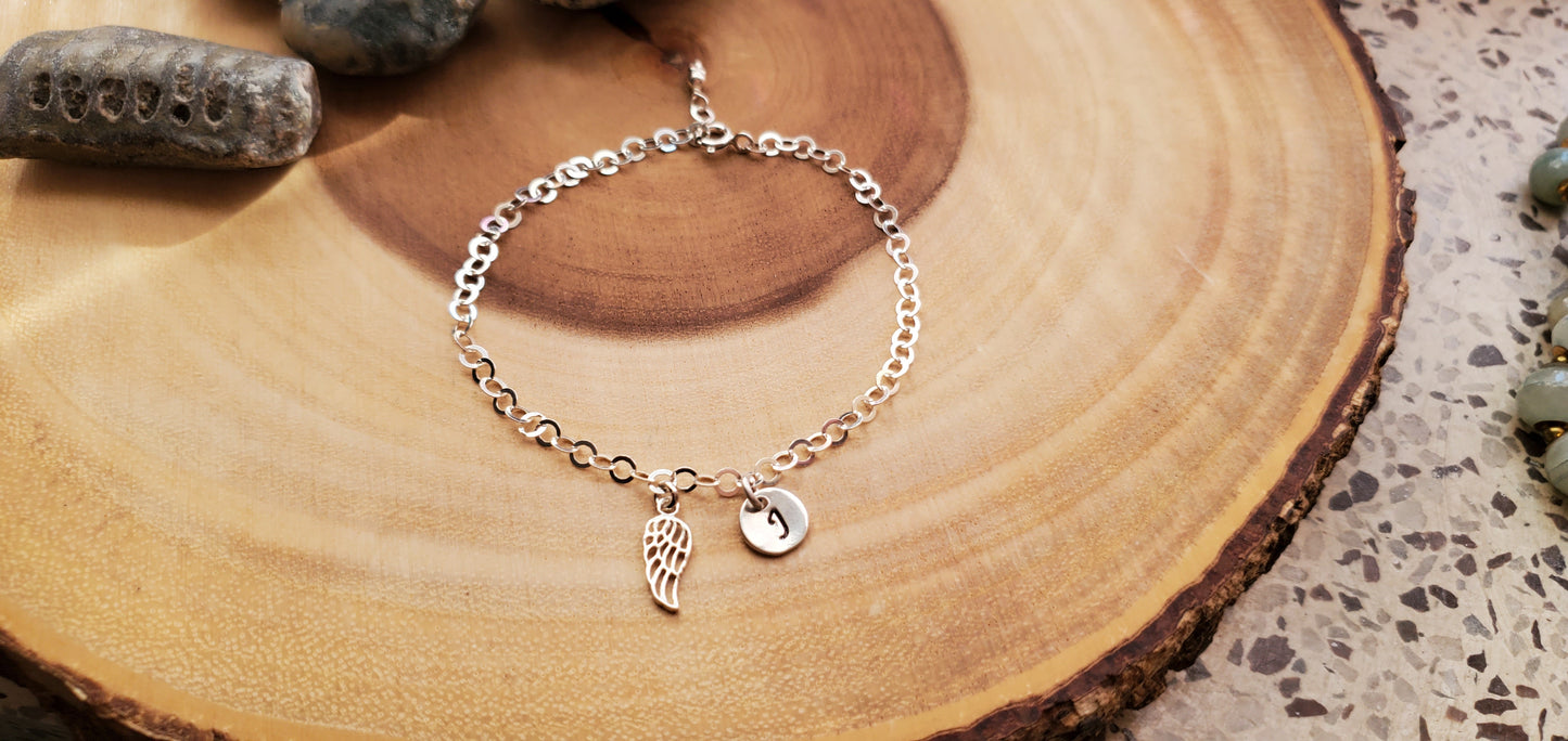 Personalized Feather Anklet, Ankle Bracelet, Feather Bracelet, Initial, Sterling Silver, Angel Feather