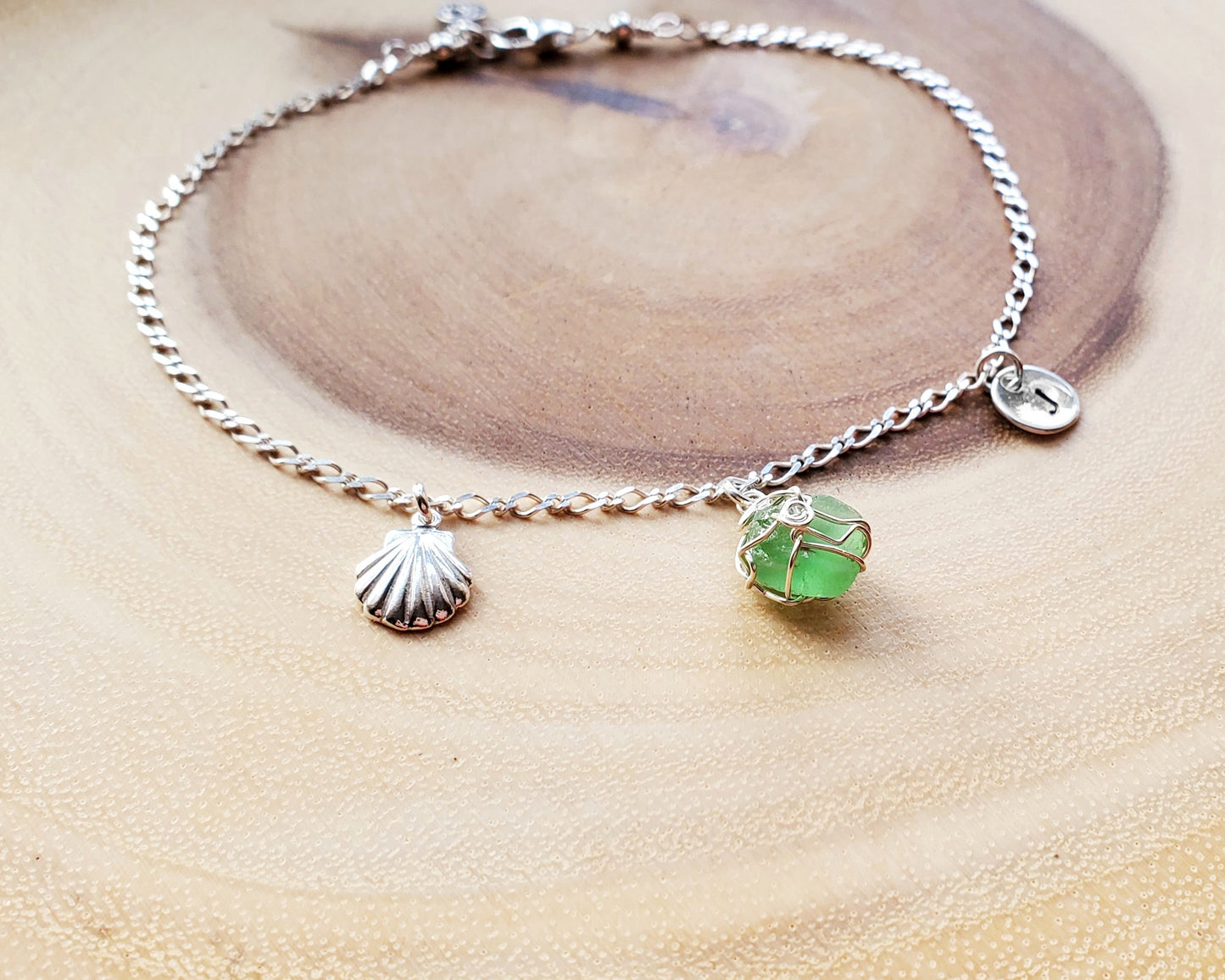 Deluxe Personalized Emerald Green Beach Glass Shell Ankle Bracelet, Anklet, wire wrapped green pendant, hand stamped initial pendant, shell pendant and Celtic eternity coil pendant on chain.