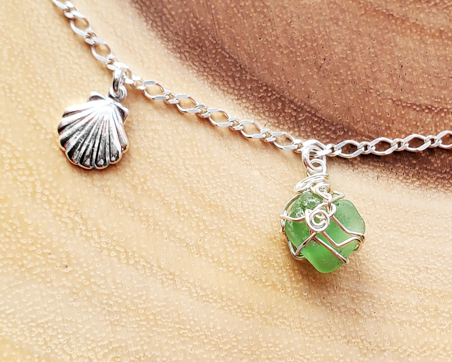 Deluxe Personalized Emerald Green Beach Glass Shell Ankle Bracelet, Anklet, wire wrapped green pendant, hand stamped initial pendant, shell pendant and Celtic eternity coil pendant on chain.