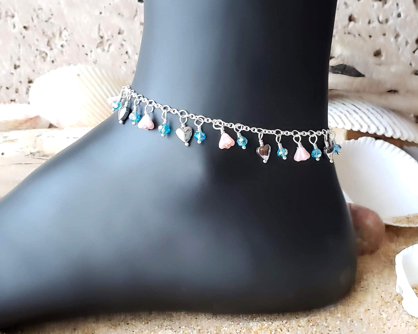 Deluxe Floral Garden Heart  Anklet-Ankle Bracelet, Sterling Silver, Charm Anklet, Flowers, Hematite Hearts, Blue Crystal