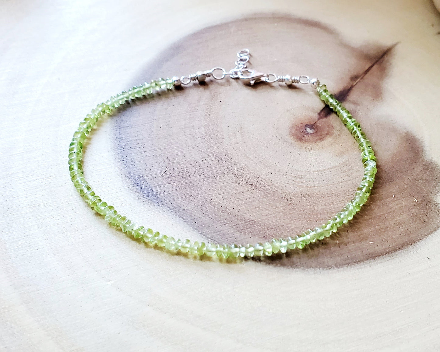  Peridot Beaded Ankle Bracelet, Anklet made with Ethical / Upcycled / Repurposed Peridot, Sterling Silver