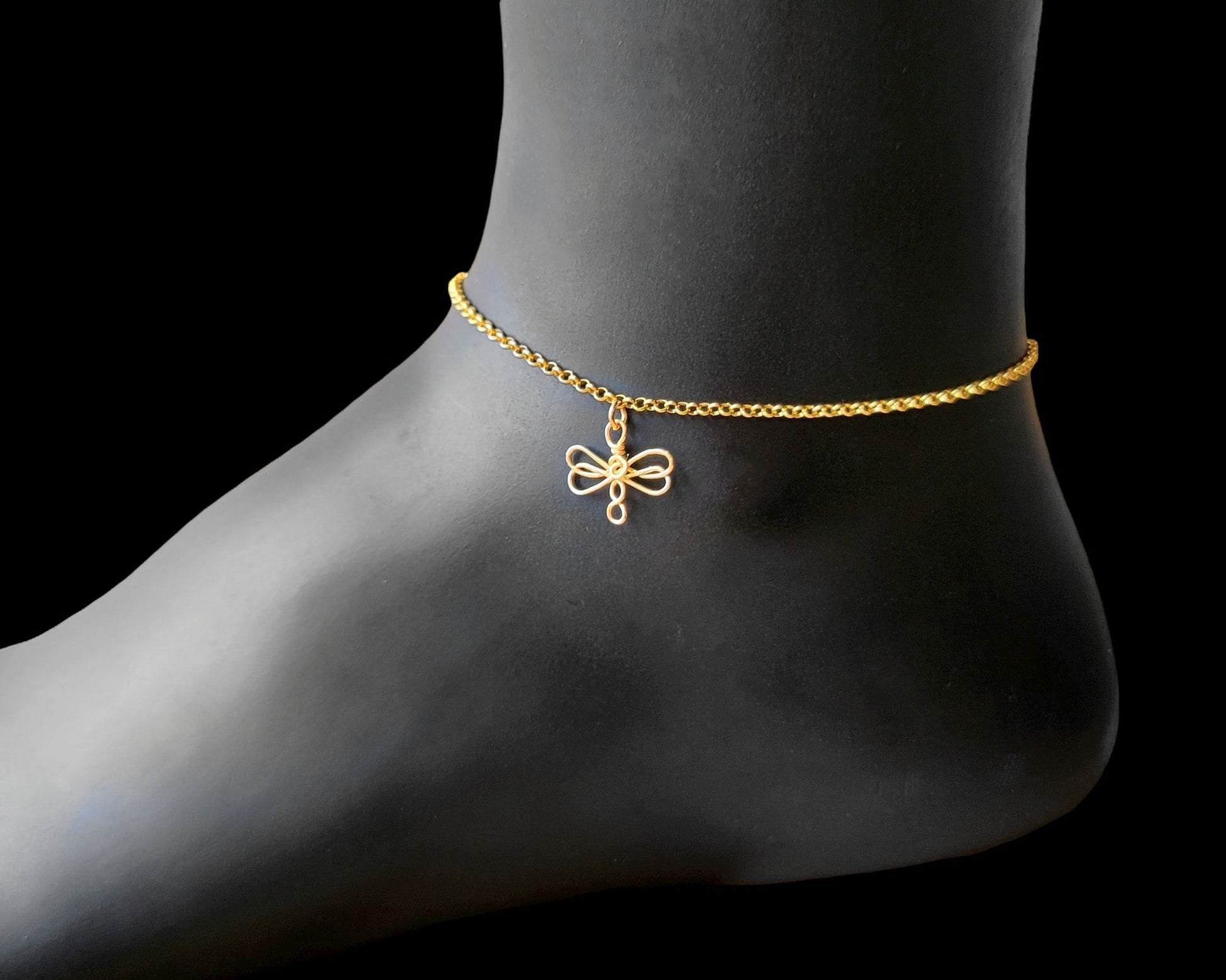 Golden Celtic Dragonfly Ankle Bracelet, Anklet, a Celtic style Dragonfly pendant on a Rolo style chain