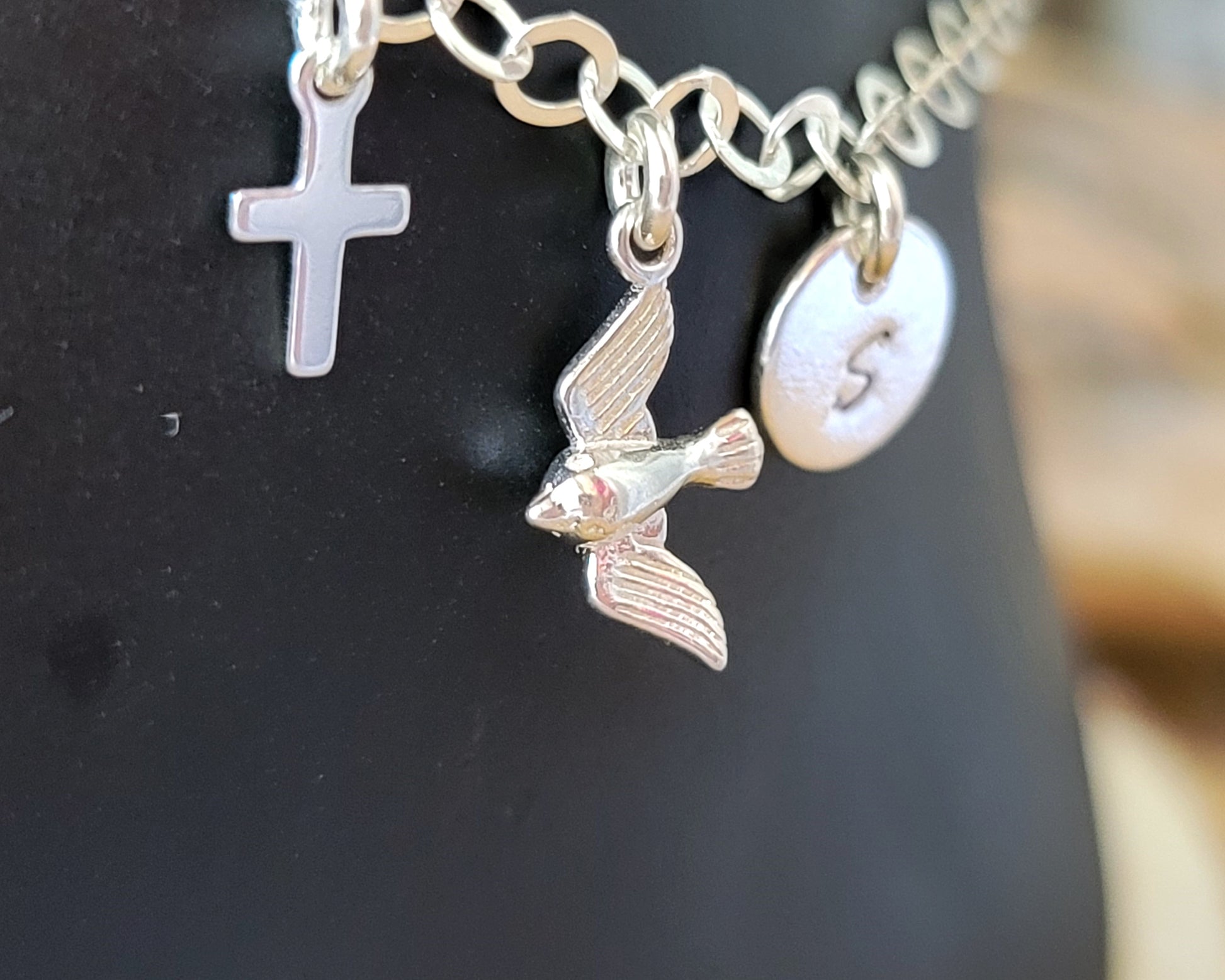 Deluxe Personalized Bird Cross Initial Ankle Bracelet, Anklet, 925 Sterling Silver chain with dangling pendants