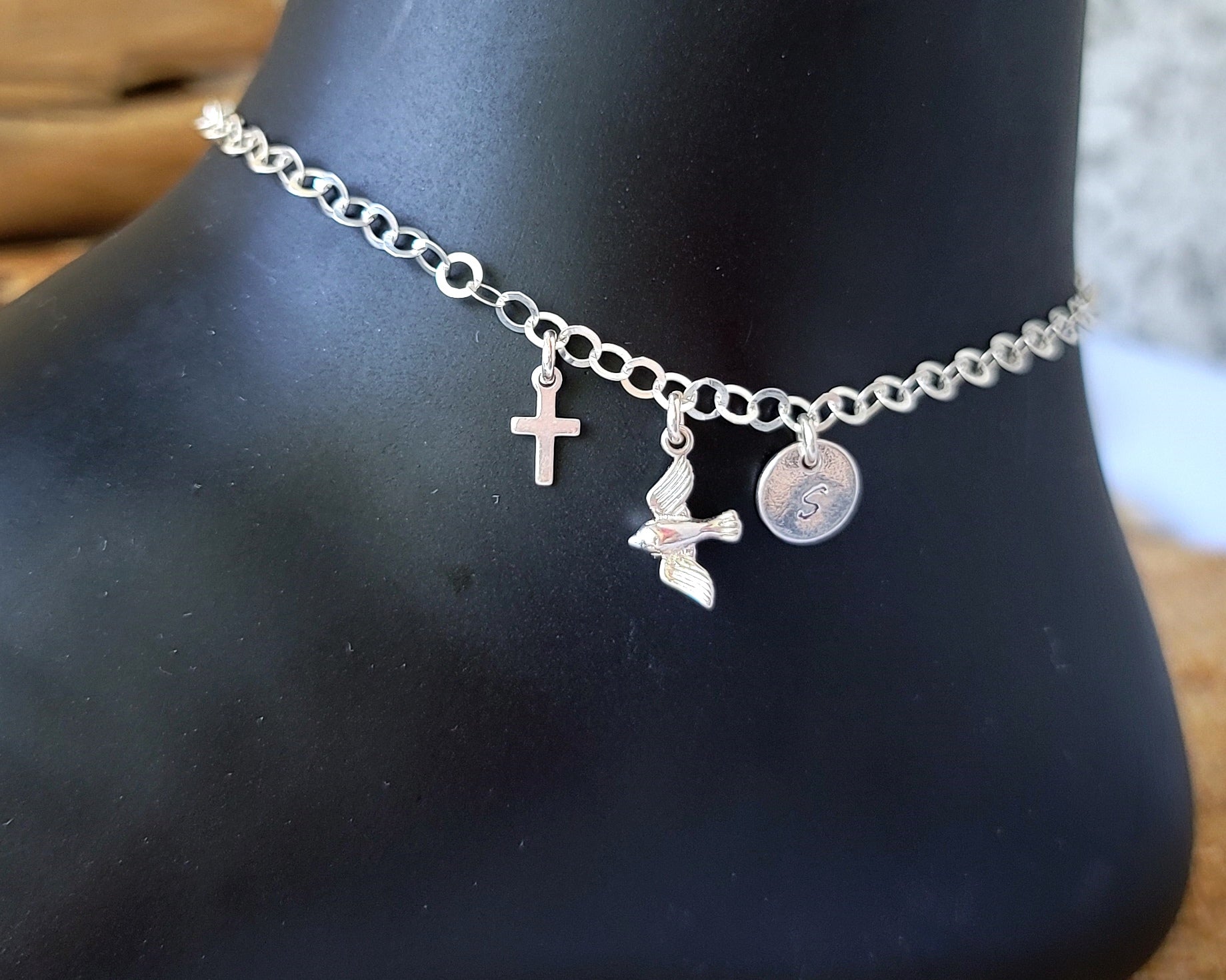 Deluxe Personalized Bird Cross Initial Ankle Bracelet, Anklet, 925 Sterling Silver chain with dangling pendants