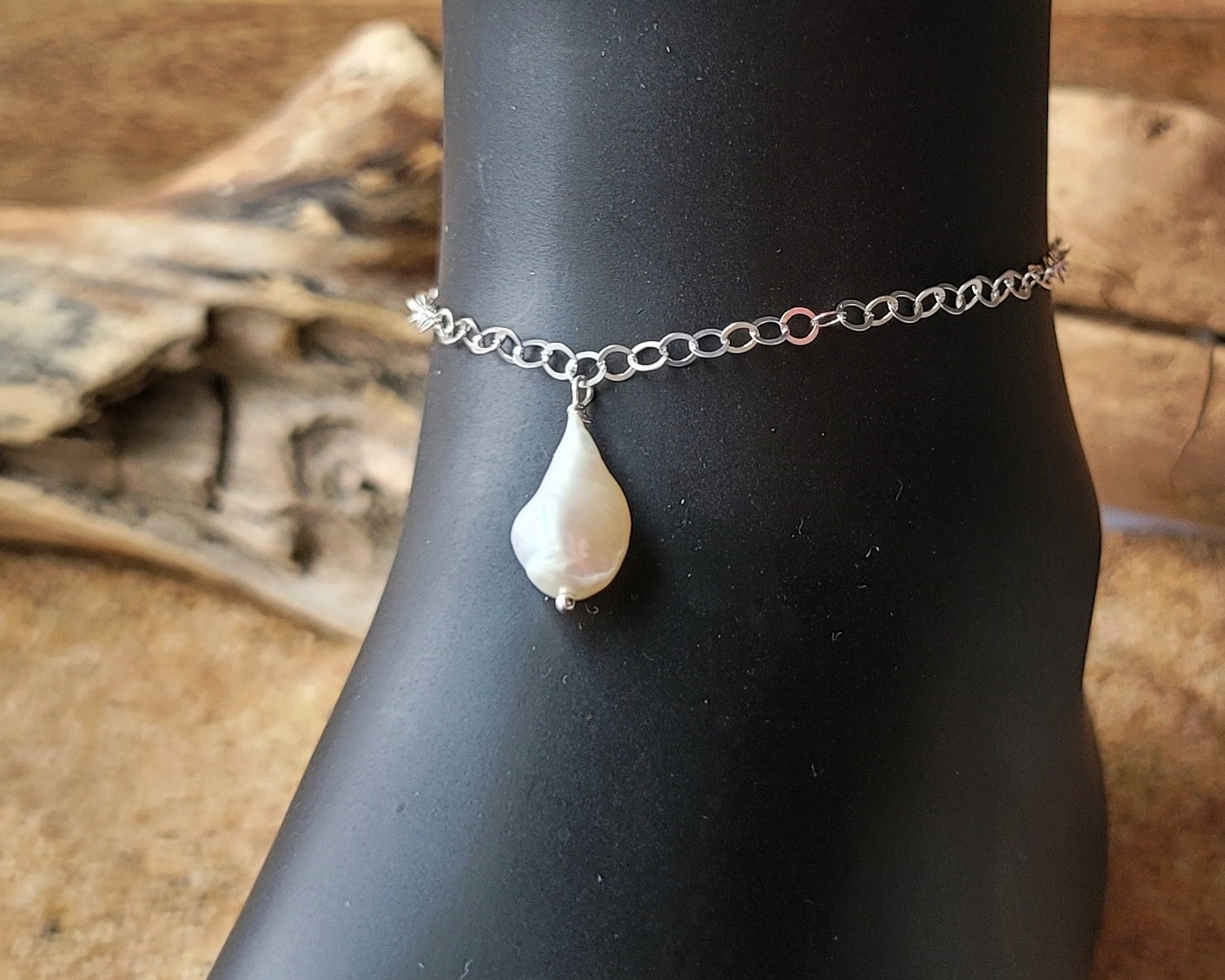 Baroque Pearl Anklet, Large Freshwater Cultured Pearl dangling on a sparkly chain.