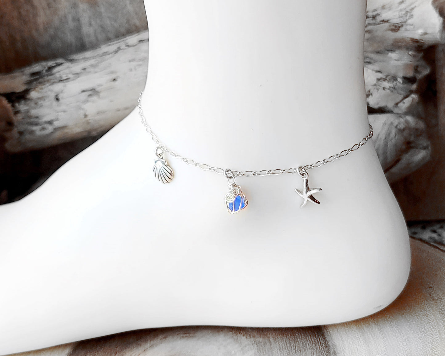 Deluxe Blue Beach Glass, Starfish, Sea Shell, Infinity, Ankle Bracelet-Anklet Sterling Silver, Sea Glass, Starfish Anklet, Shell Anklet, Something Blue