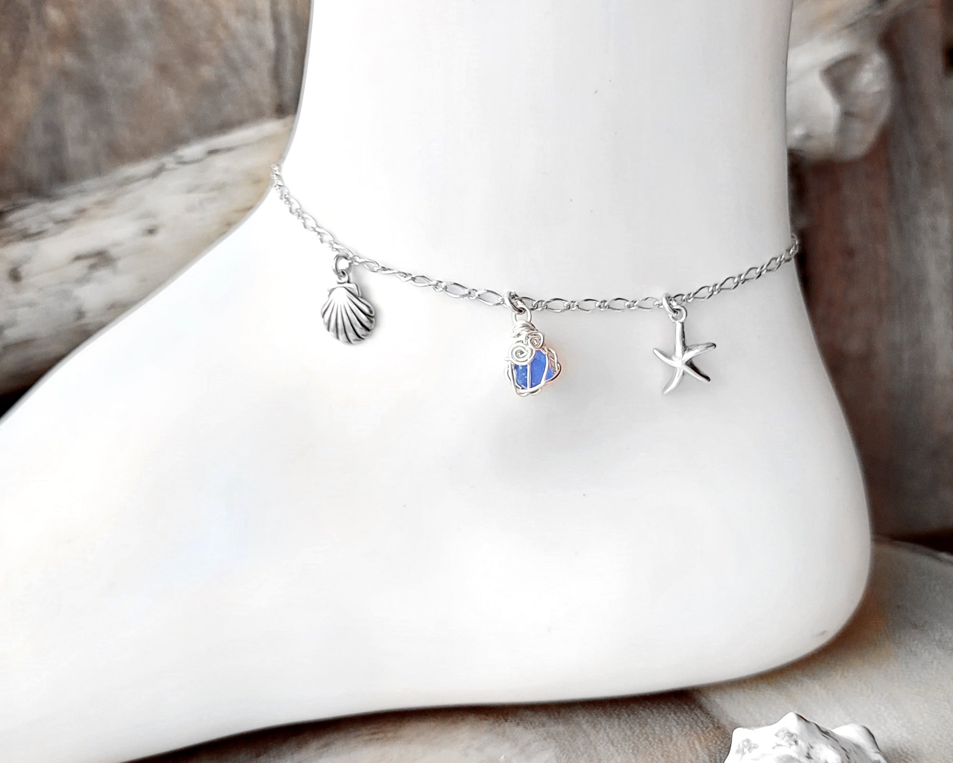 Deluxe Blue Beach Glass, Starfish, Sea Shell, Infinity, Ankle Bracelet –  Anything's Possible Jewellery