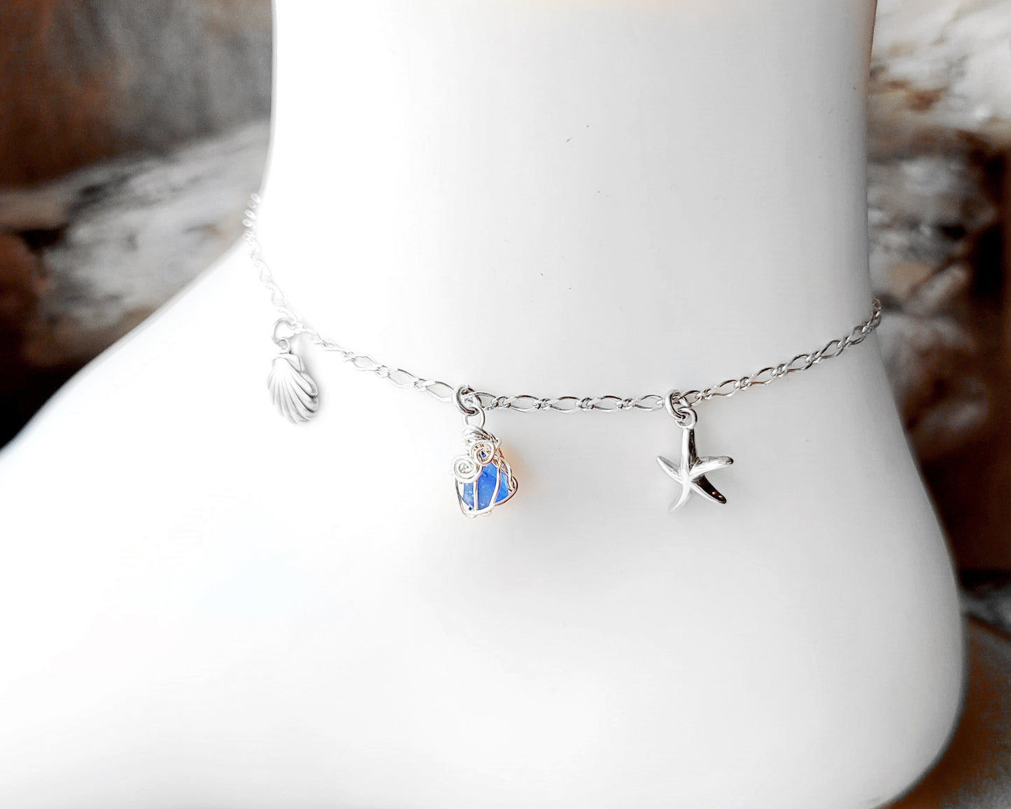 Deluxe Blue Beach Glass, Starfish, Sea Shell, Infinity, Ankle Bracelet-Anklet Sterling Silver, Sea Glass, Starfish Anklet, Shell Anklet, Something Blue