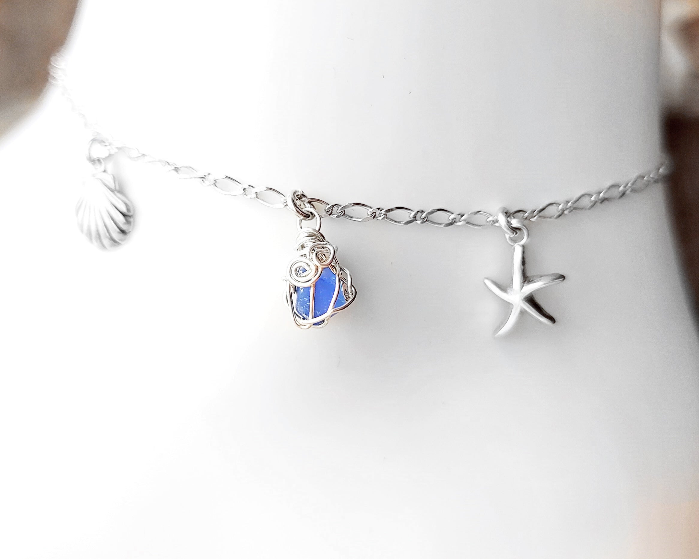 Deluxe Blue Beach Glass, Starfish, Sea Shell, Infinity, Ankle