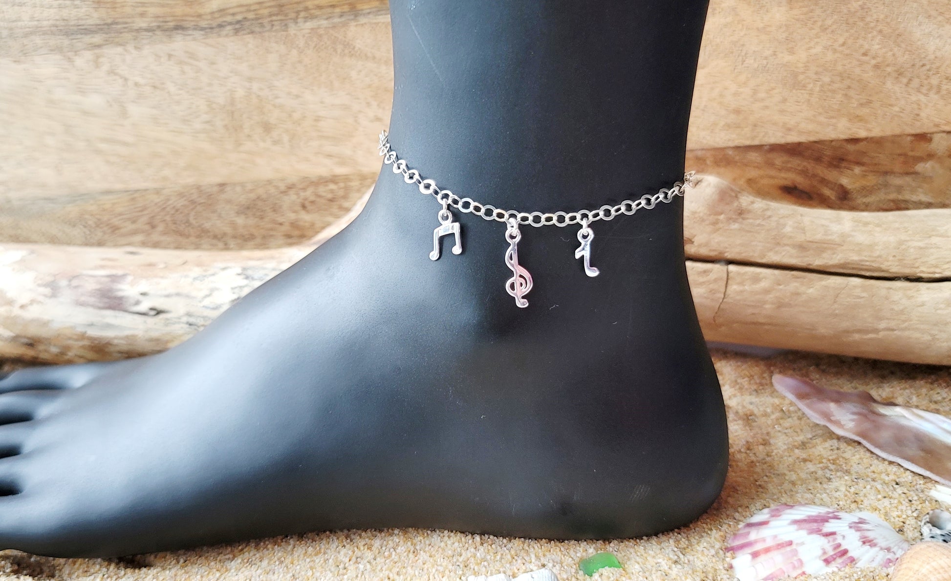 Music Lover Ankle Bracelet-Anklet-Sterling Silver-Music Symbols dangling  on sparkly chain.