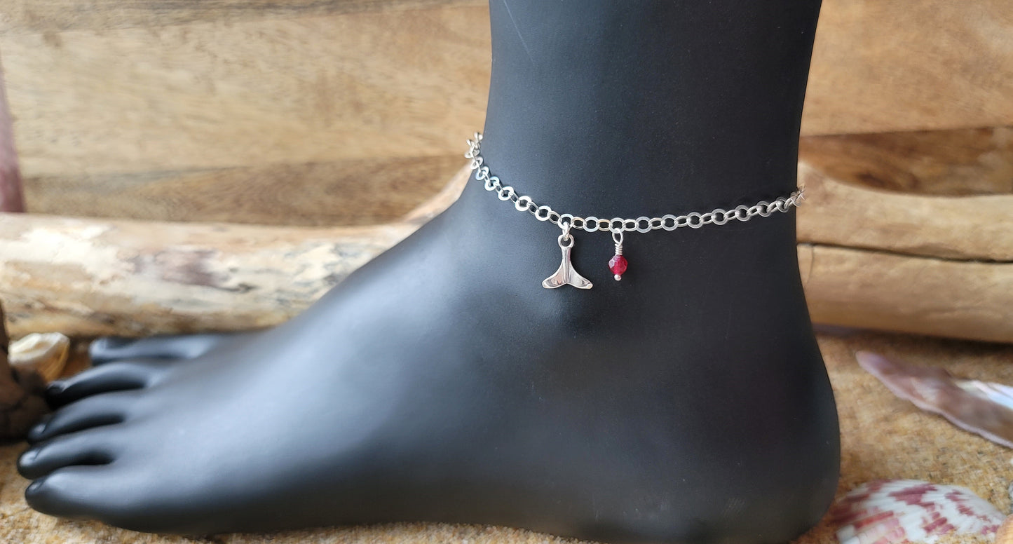 Personalized Whale Tail Birthstone Ankle Bracelet / Anklet, Sterling Silver, Birthstone 