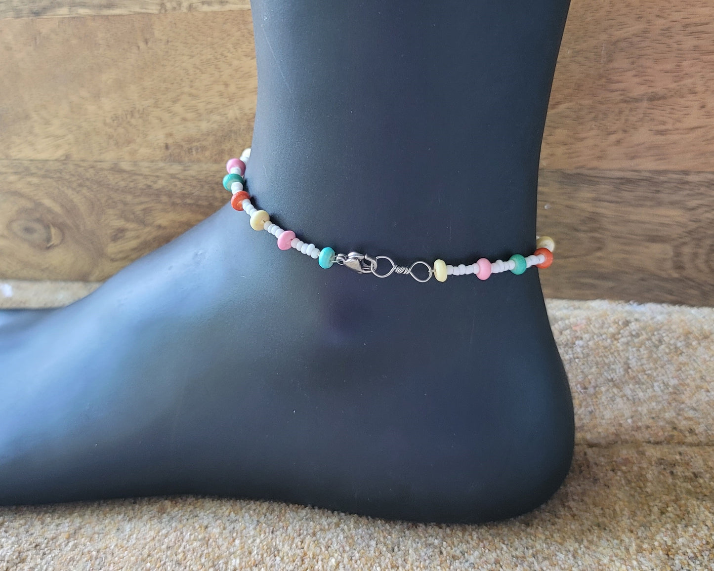 Beaded Turquoise Sideways Cross Boho Anklet / Ankle Bracelet, Turquoise Sideways Cross with Multi Color Beads