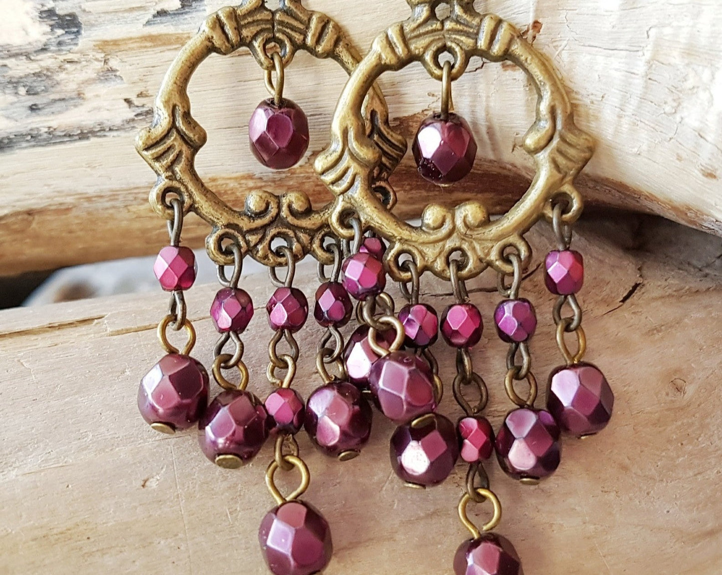 Long Garnet Sparkle Chandelier Earrings-Handcrafted-Deep Red-Burgundy Antique Style Statement Earrings, Bohemian-Fair Trade-Ethical-Vegan Friendly